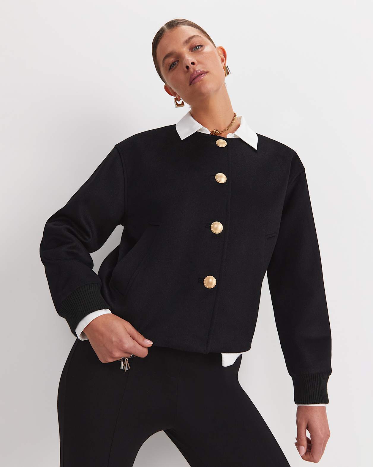 Crop Melton Jacket in BLACK