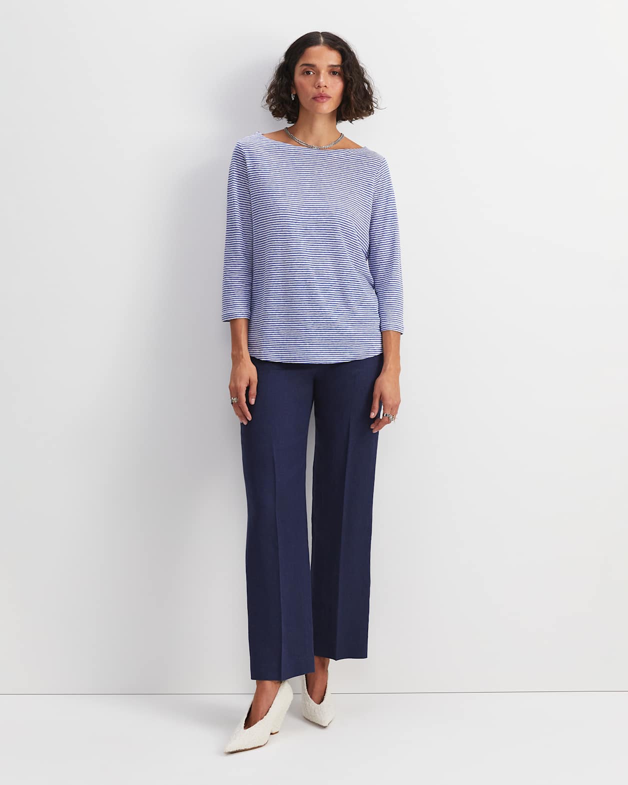 Cecile Linen Top in BLUE/WHITE