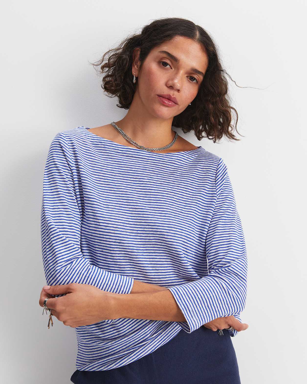 Cecile Linen Top in BLUE/WHITE