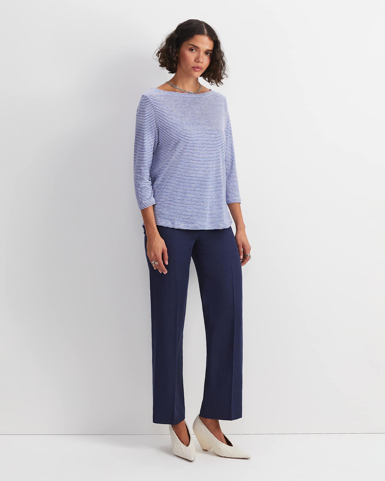 Cecile Linen Top in BLUE/WHITE