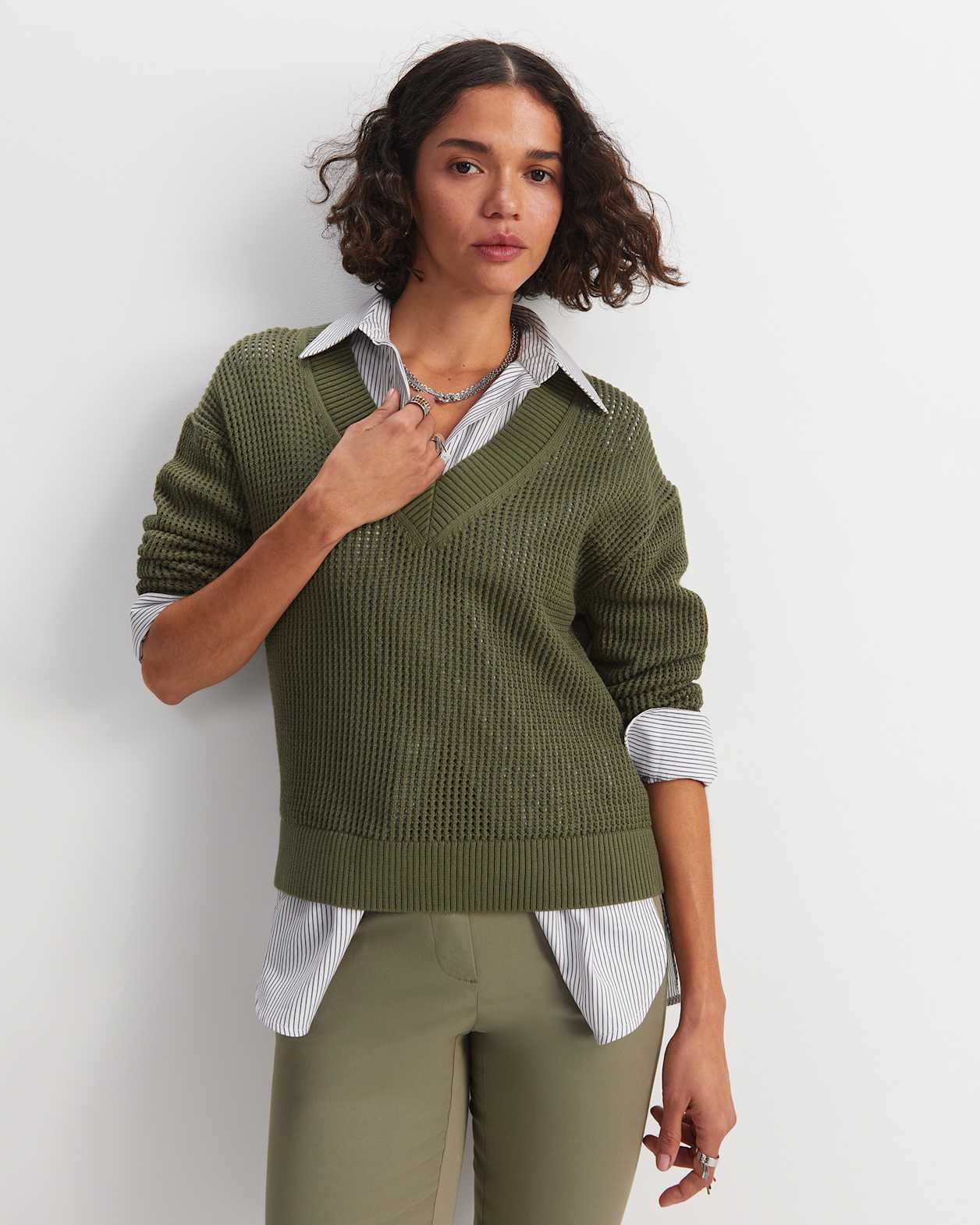 Cotton Crochet V-Neck Knit in KHAKI
