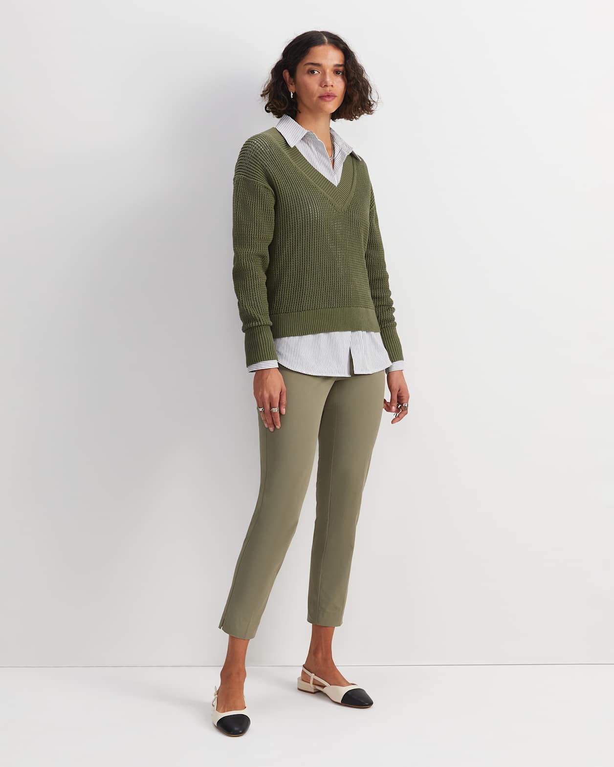Cotton Crochet V-Neck Knit in KHAKI