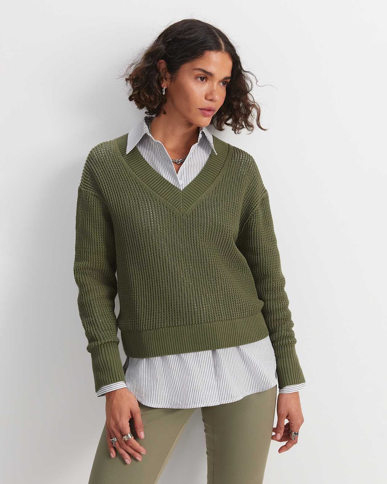 Cotton Crochet V-Neck Knit in KHAKI