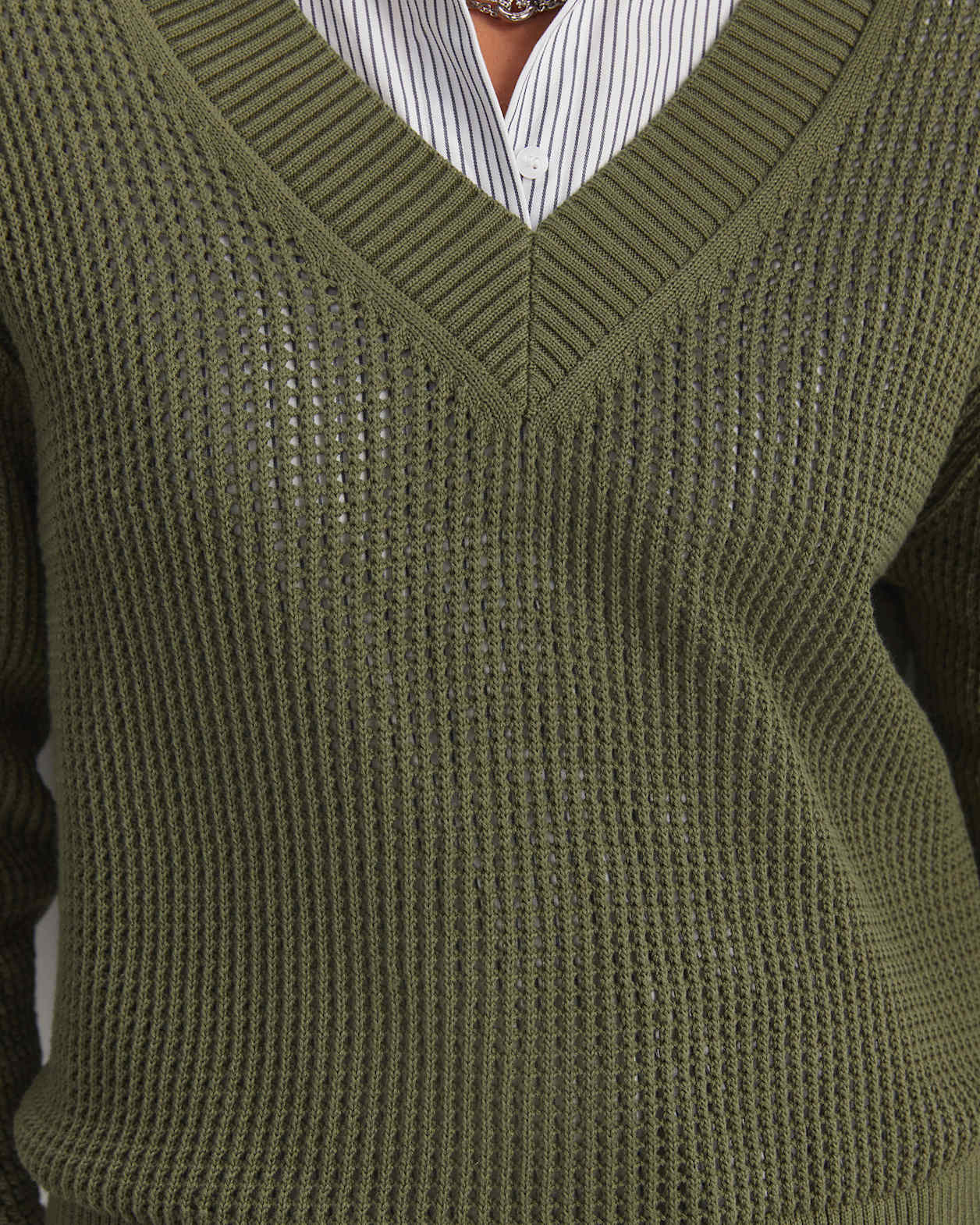 Cotton Crochet V-Neck Knit in KHAKI