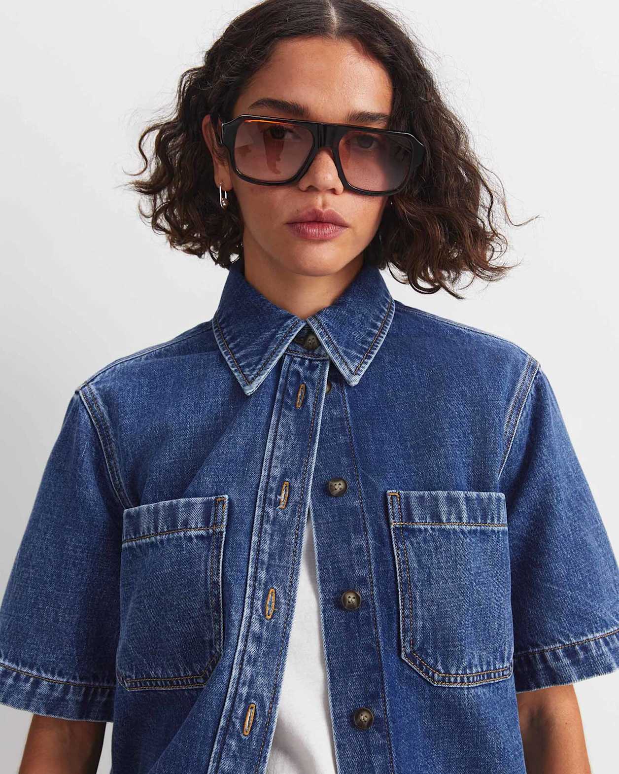 Allegra Crop Denim Shirt in MID WASH