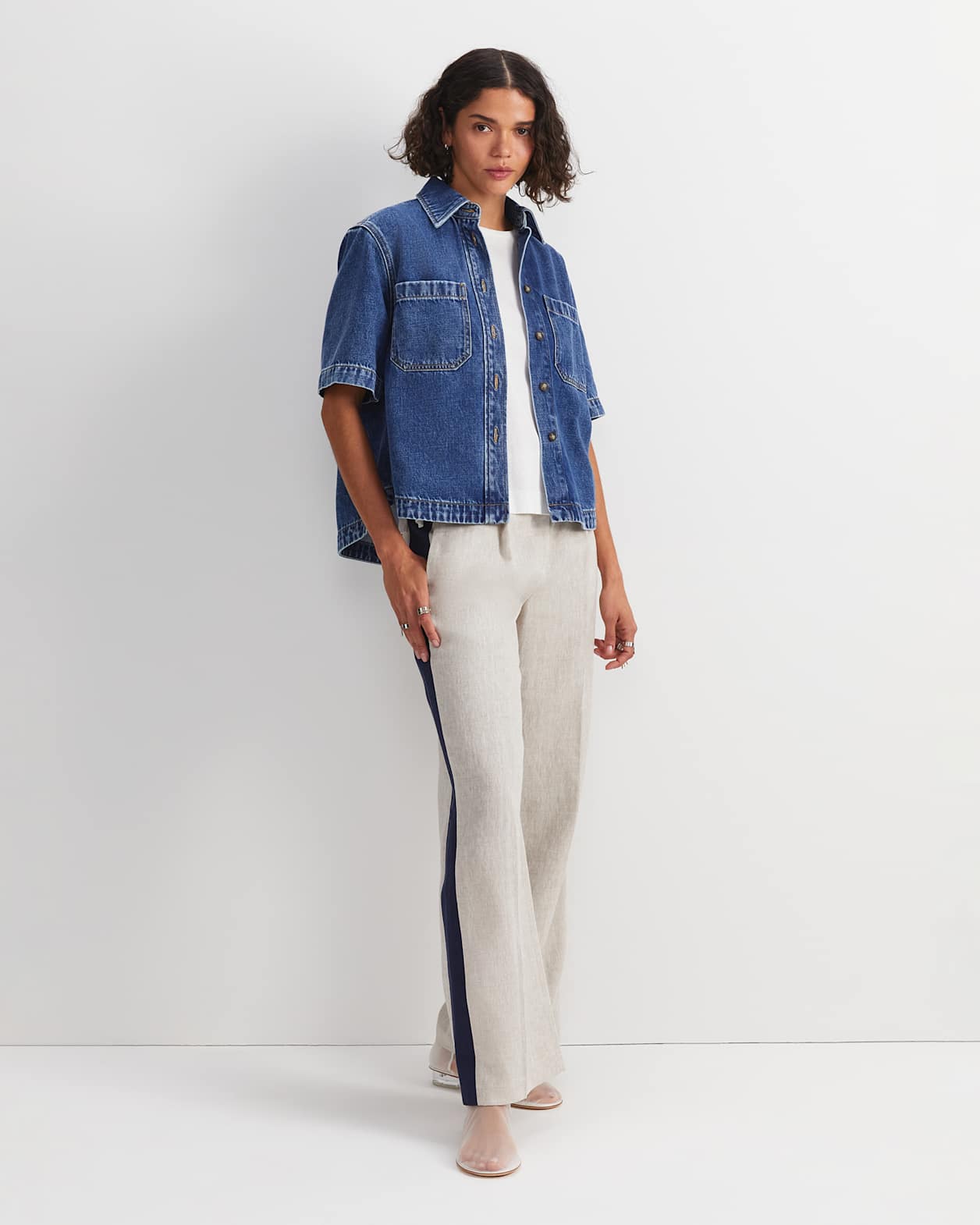 Allegra Crop Denim Shirt in MID WASH