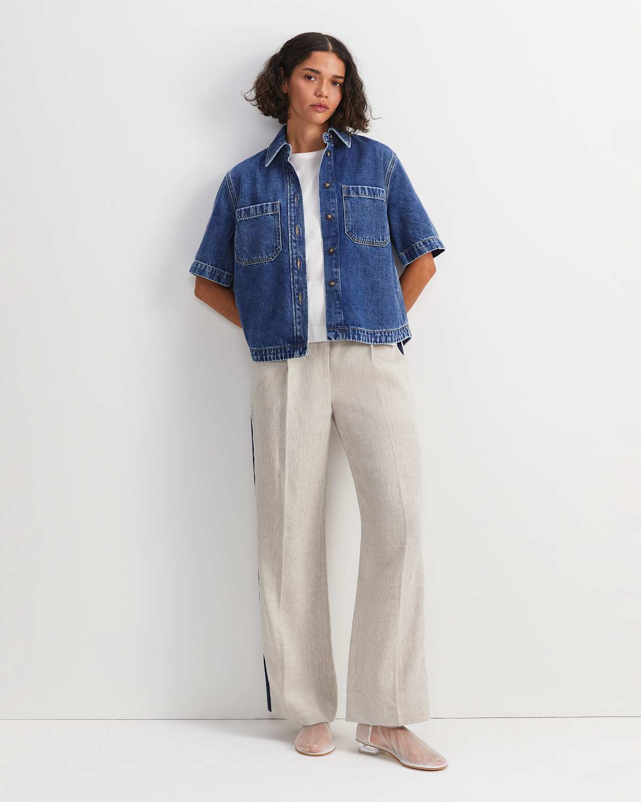 Allegra Crop Denim Shirt in MID WASH