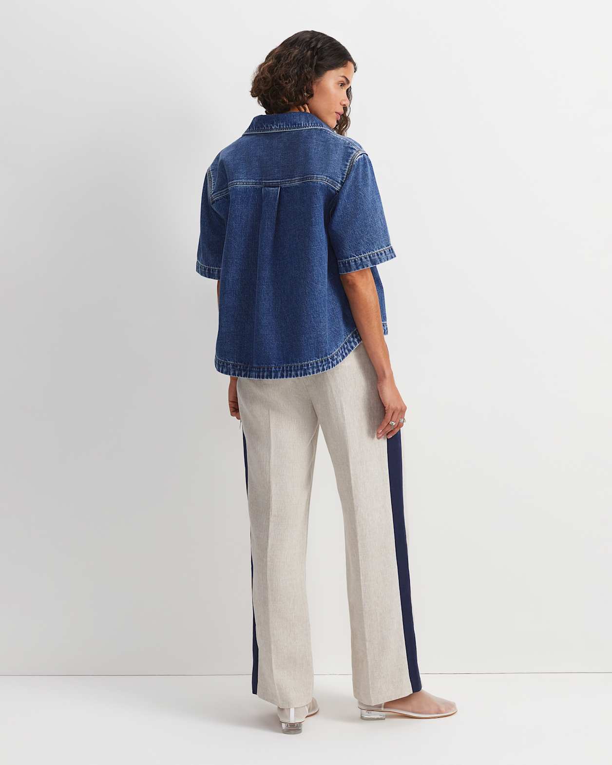 Allegra Crop Denim Shirt in MID WASH