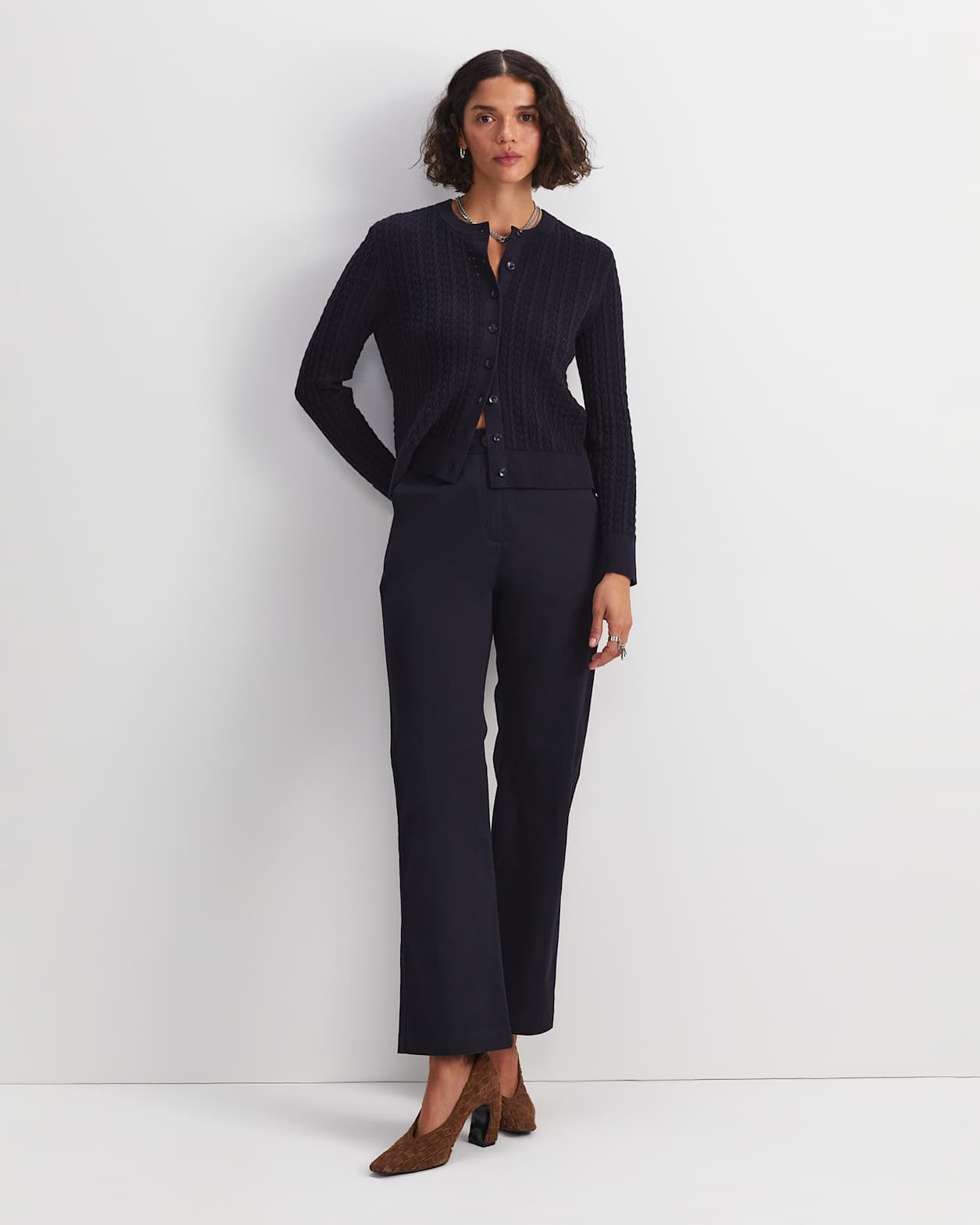 Elka Pointelle Cardigan in NAVY