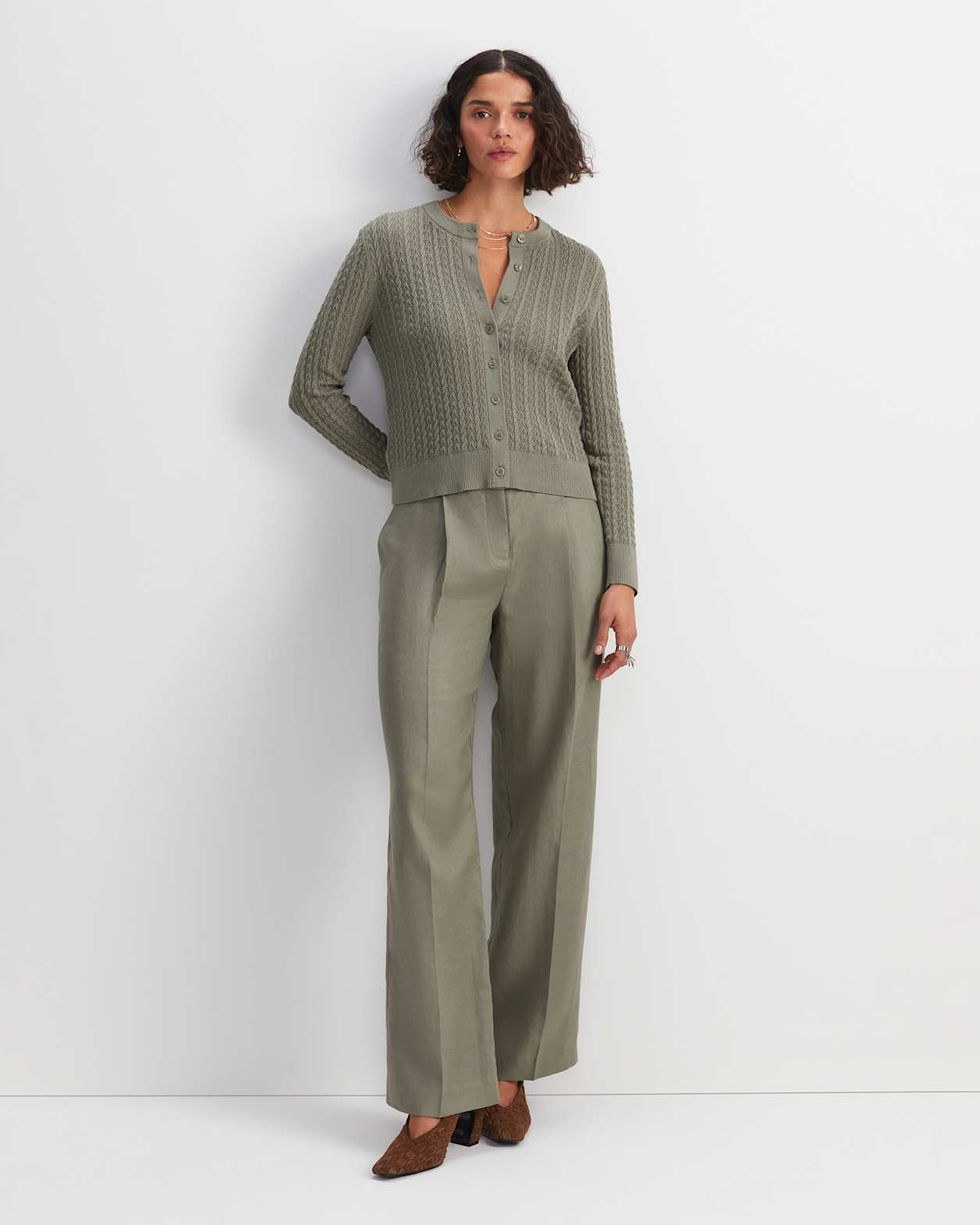 Elka Pointelle Cardigan in KHAKI