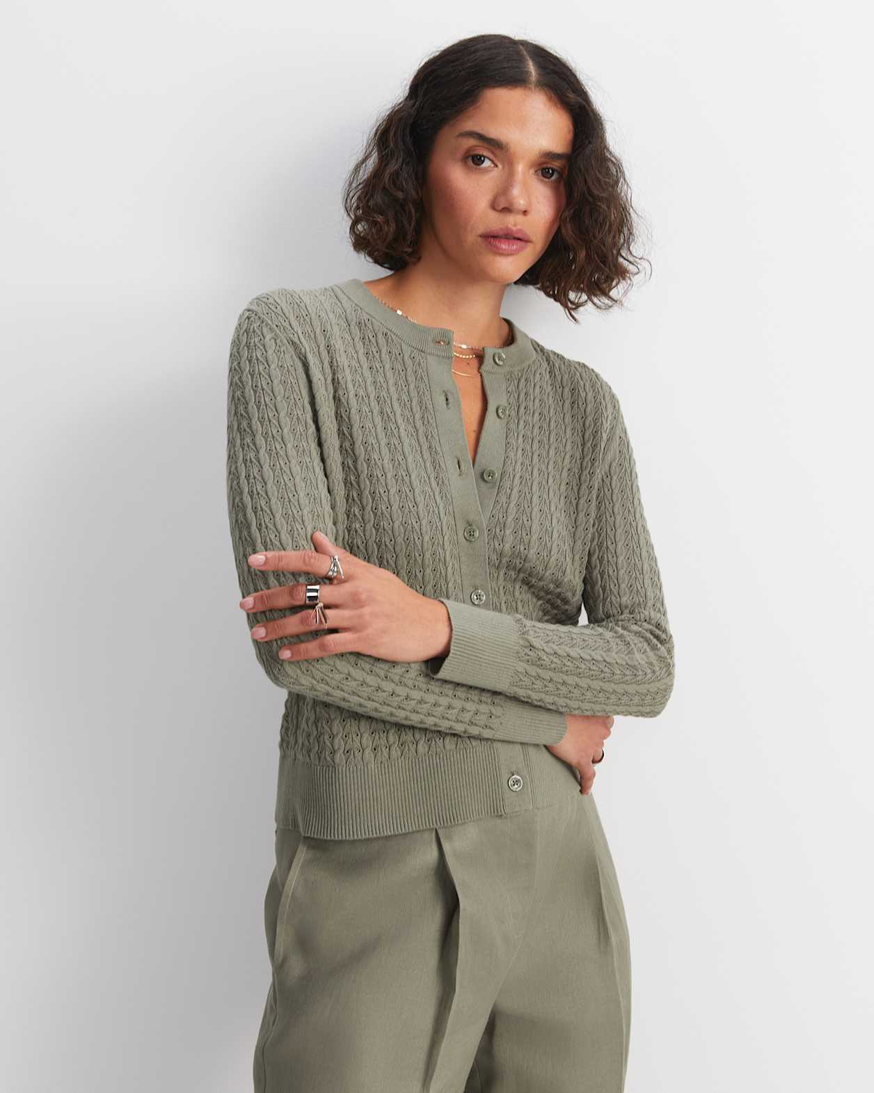 Elka Pointelle Cardigan in KHAKI