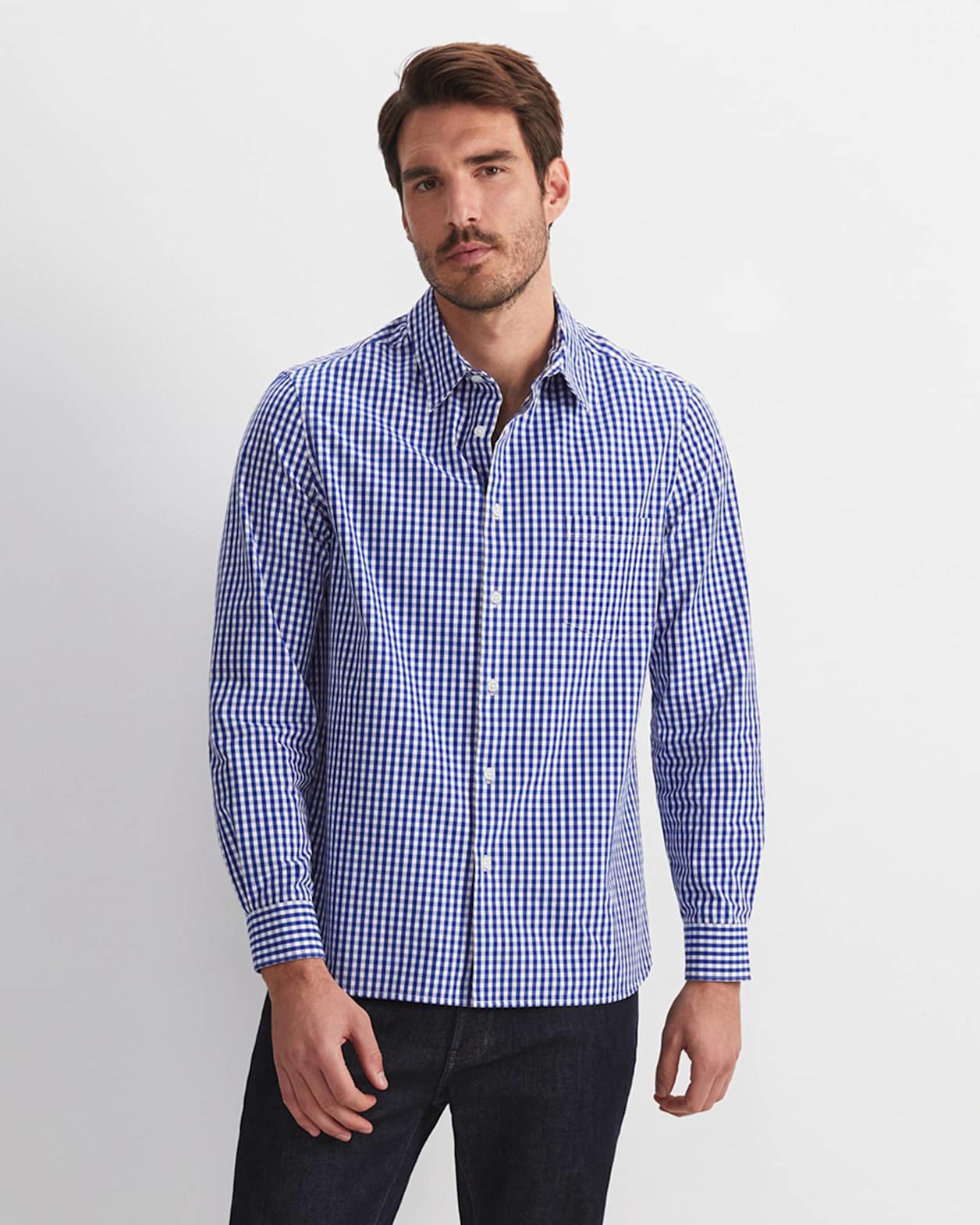 Thomas Long Sleeve Gingham Shirt in BLUE/WHITE