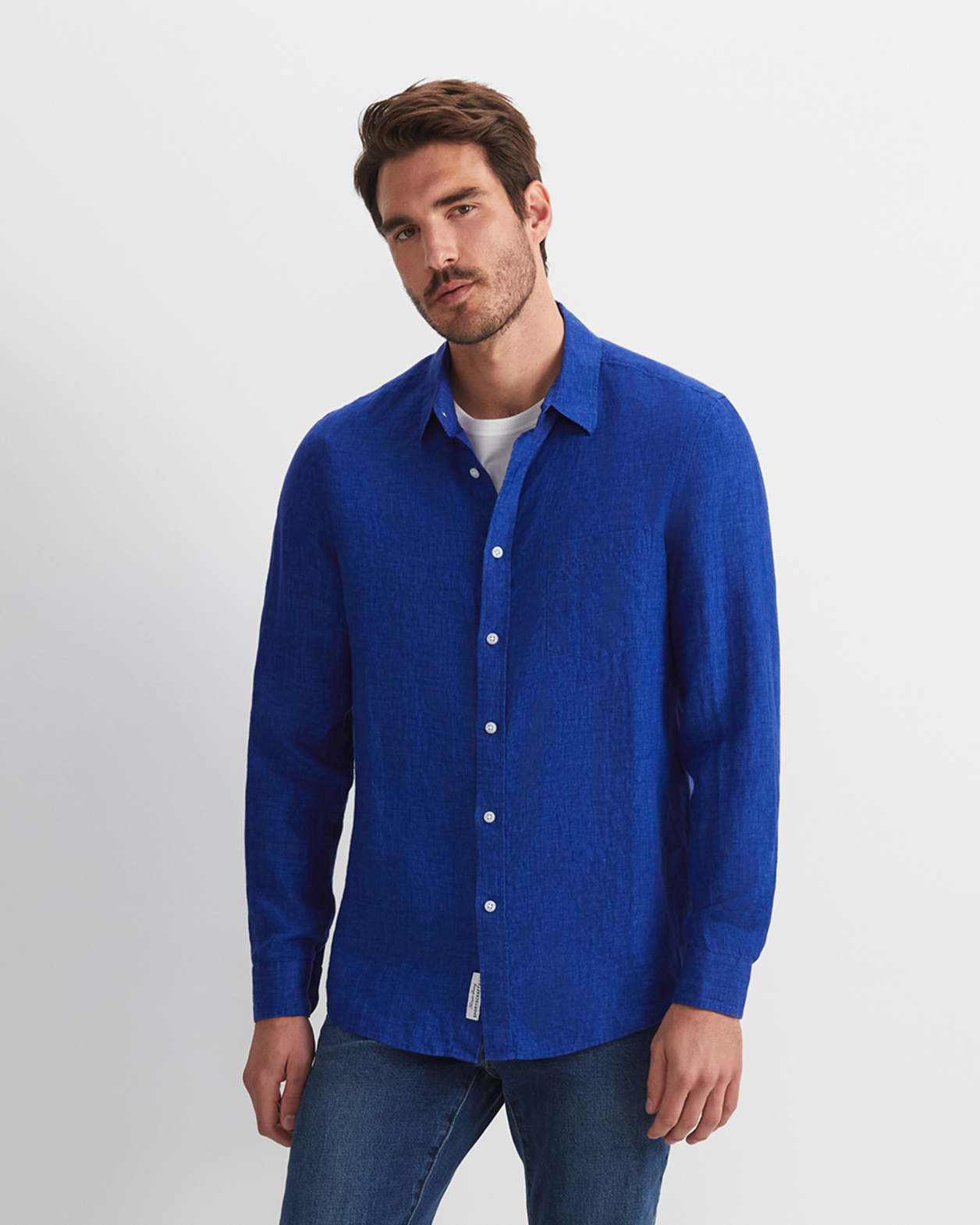 Linen Long Sleeve Delave Shirt in BLUE INDIGO