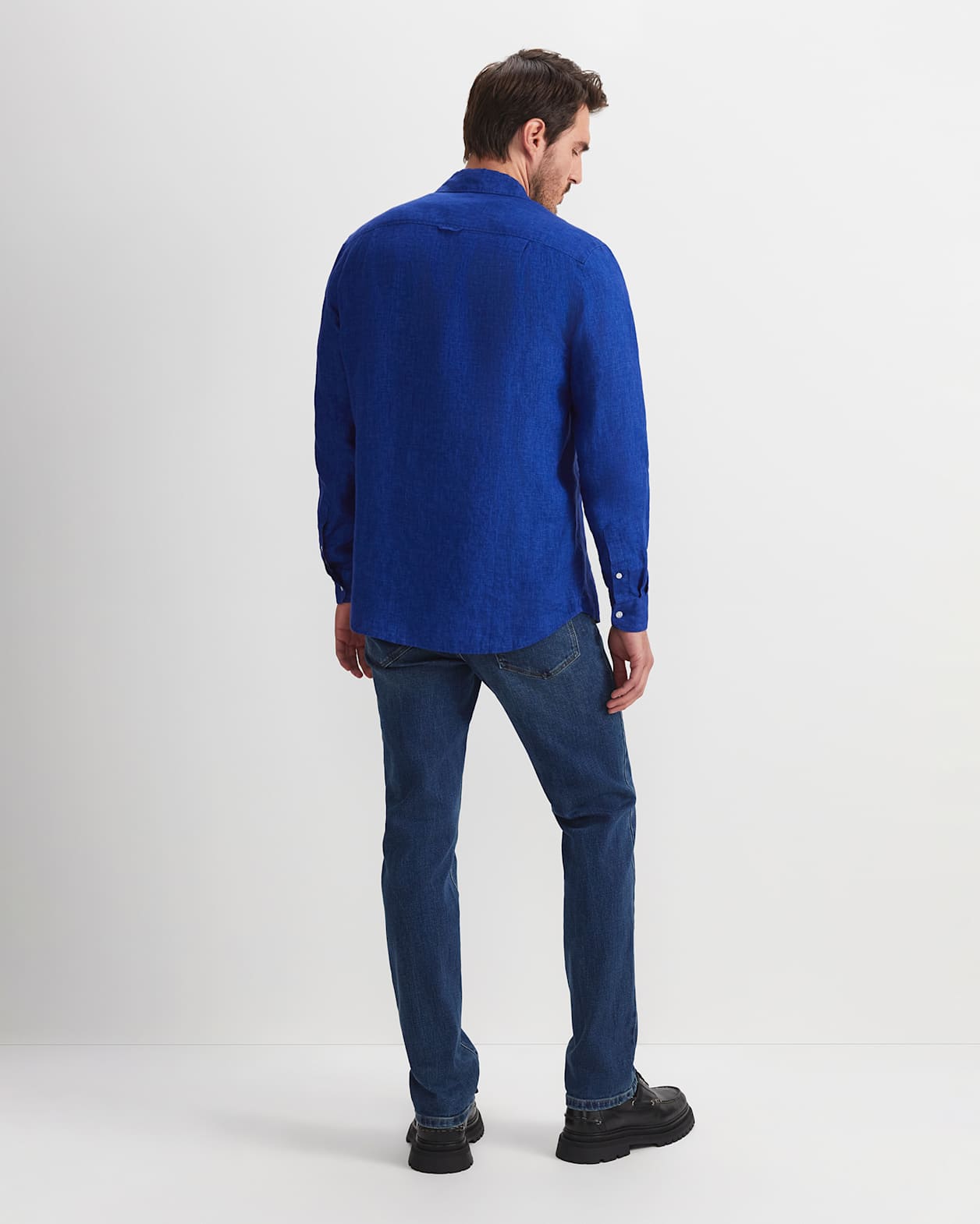 Linen Long Sleeve Delave Shirt in BLUE INDIGO
