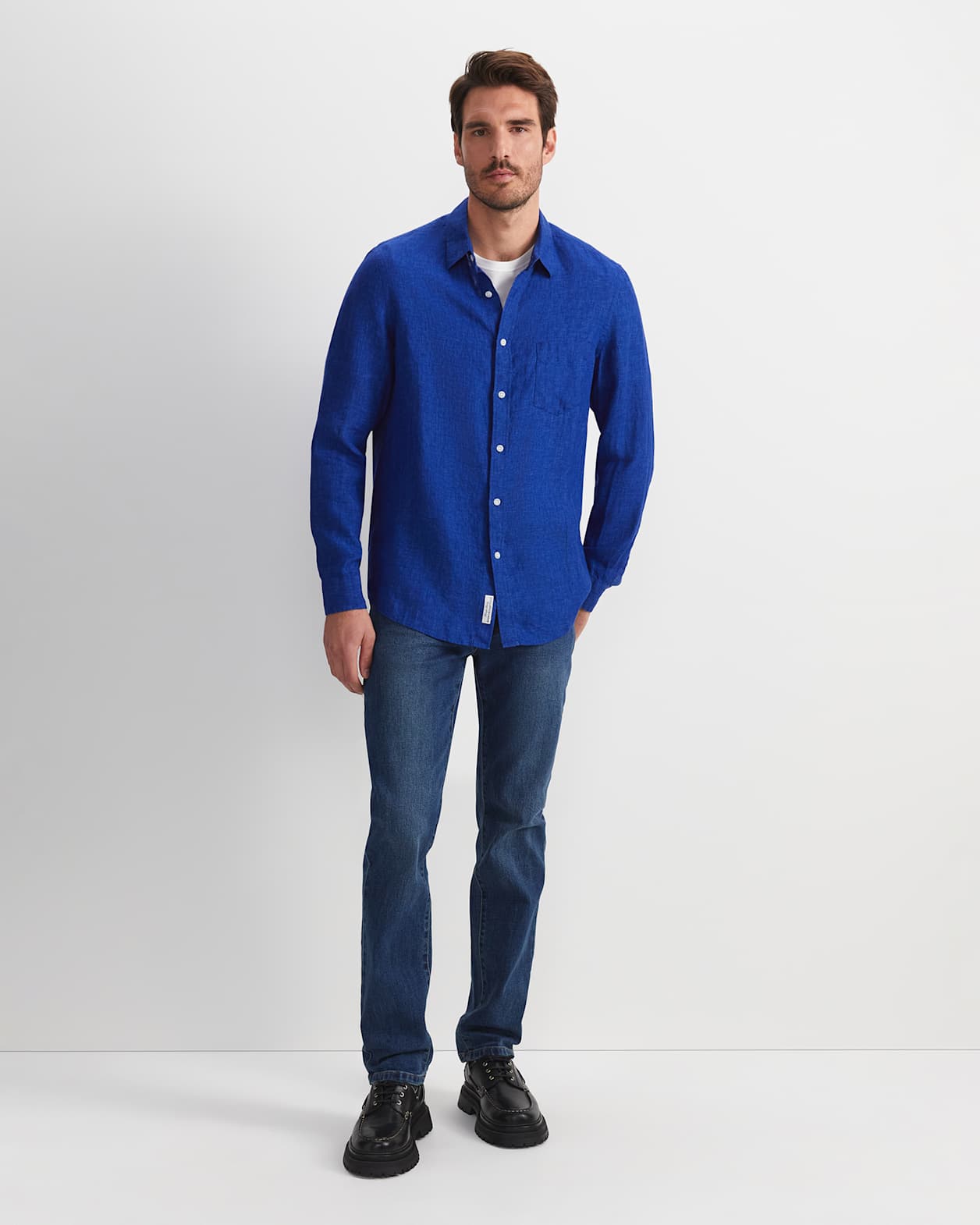 Linen Long Sleeve Delave Shirt in BLUE INDIGO