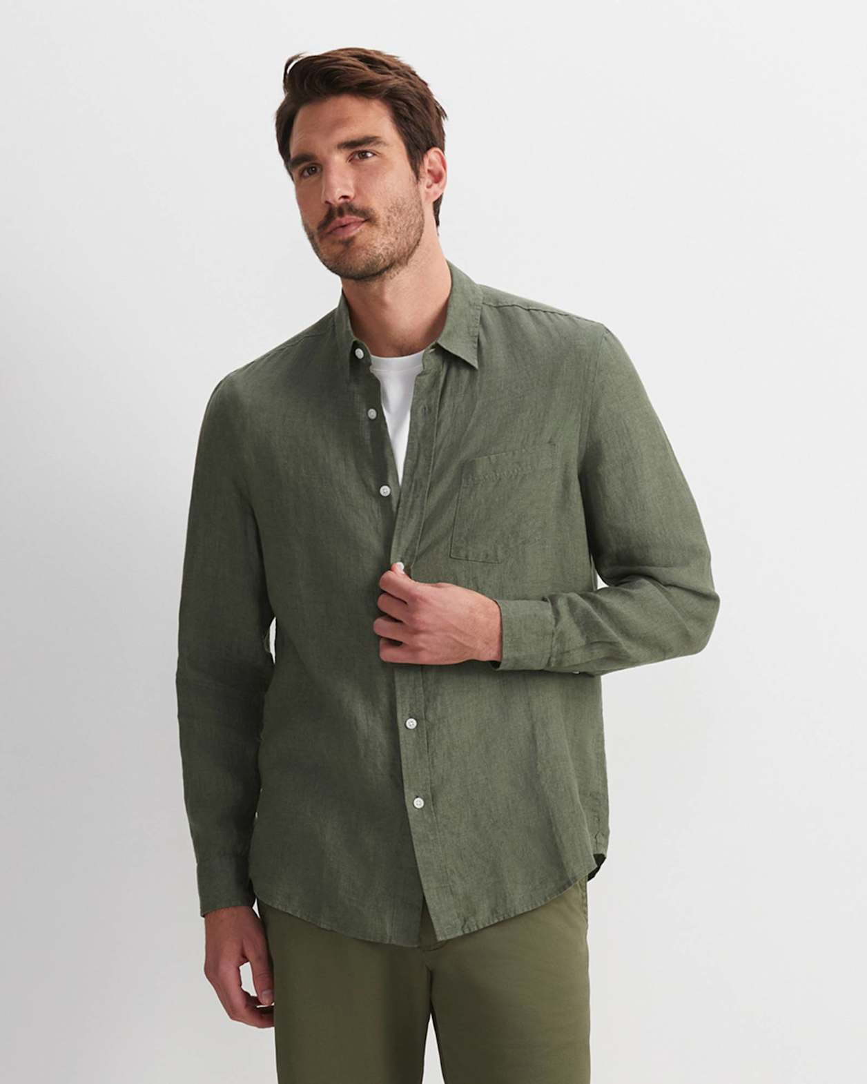 Linen Long Sleeve Delave Shirt in KHAKI