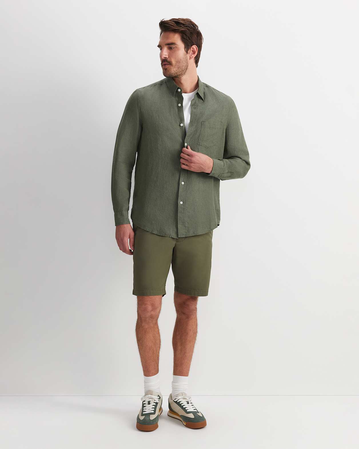 Linen Long Sleeve Delave Shirt in KHAKI