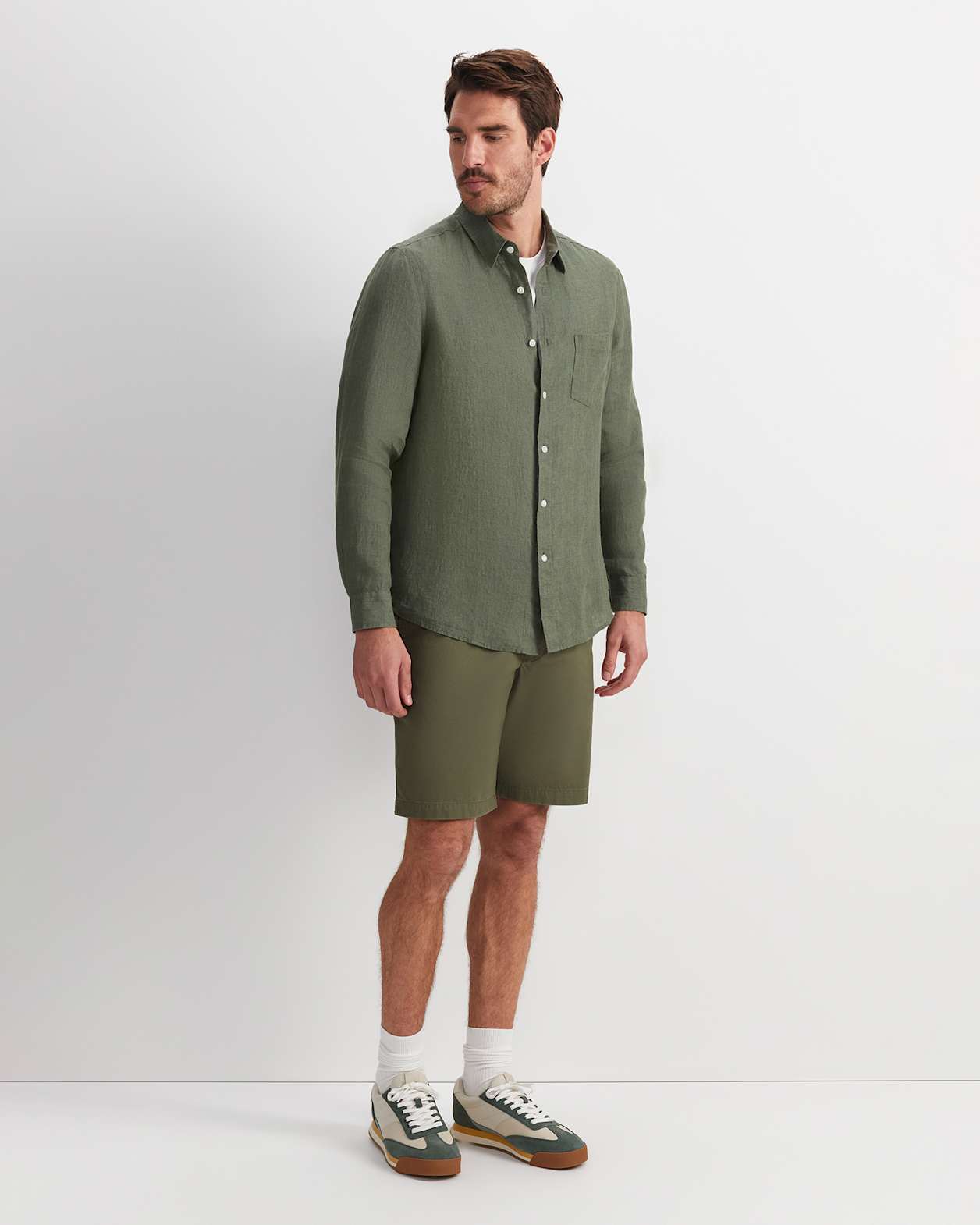Linen Long Sleeve Delave Shirt in KHAKI