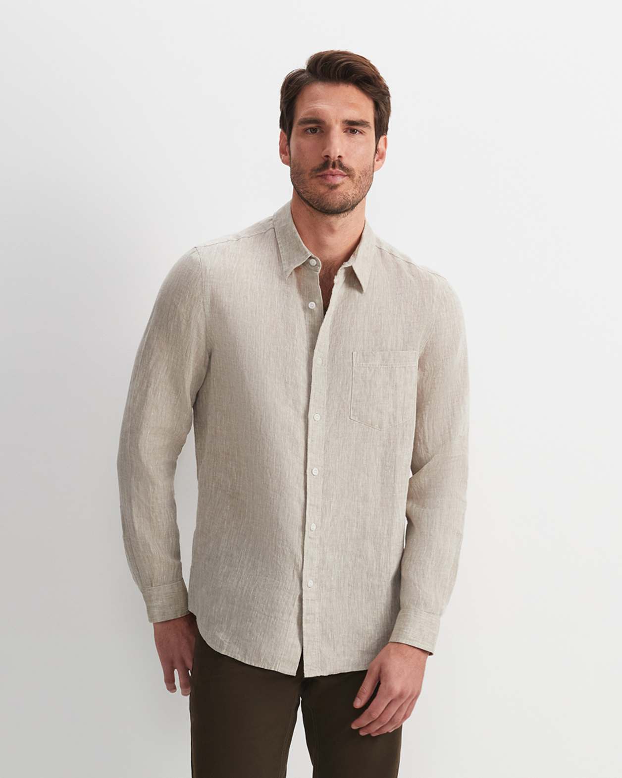 Long Sleeve Linen Yarn-Dyed Shirt in STRING