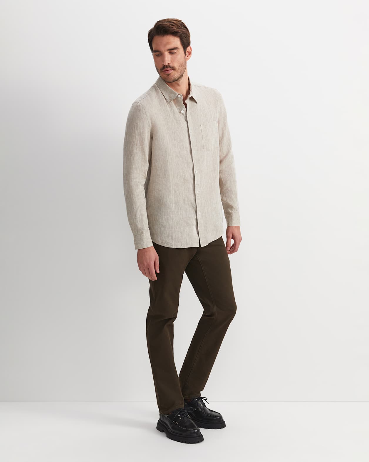 Long Sleeve Linen Yarn-Dyed Shirt in STRING
