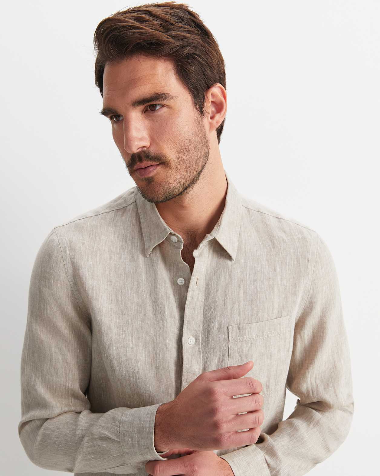 Long Sleeve Linen Yarn-Dyed Shirt in STRING