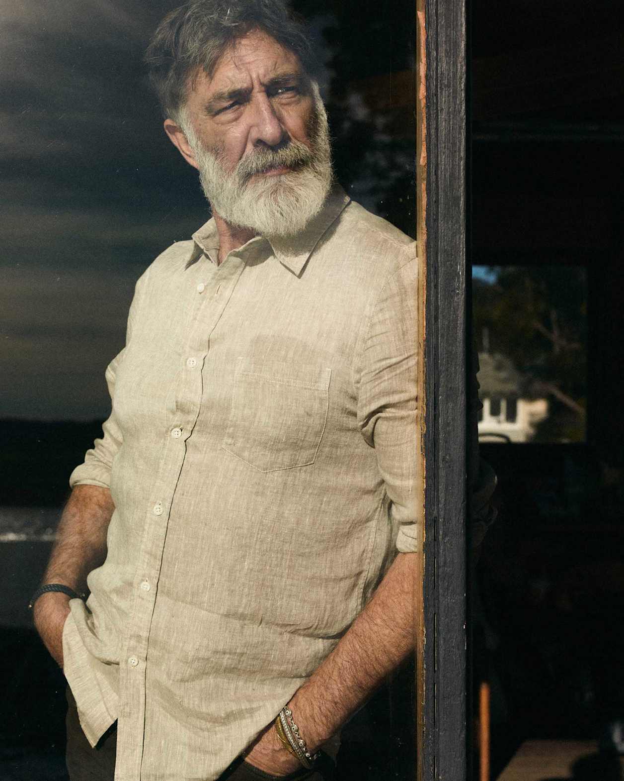 Long Sleeve Linen Yarn-Dyed Shirt in STRING