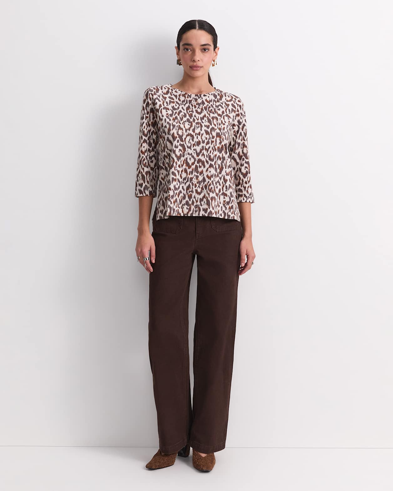 Lottie Animal 3/4 Mercerised Tee in BROWN/NATURAL