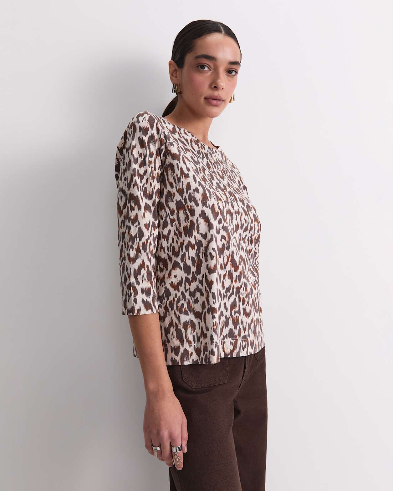 Lottie Animal 3/4 Mercerised Tee in BROWN/NATURAL