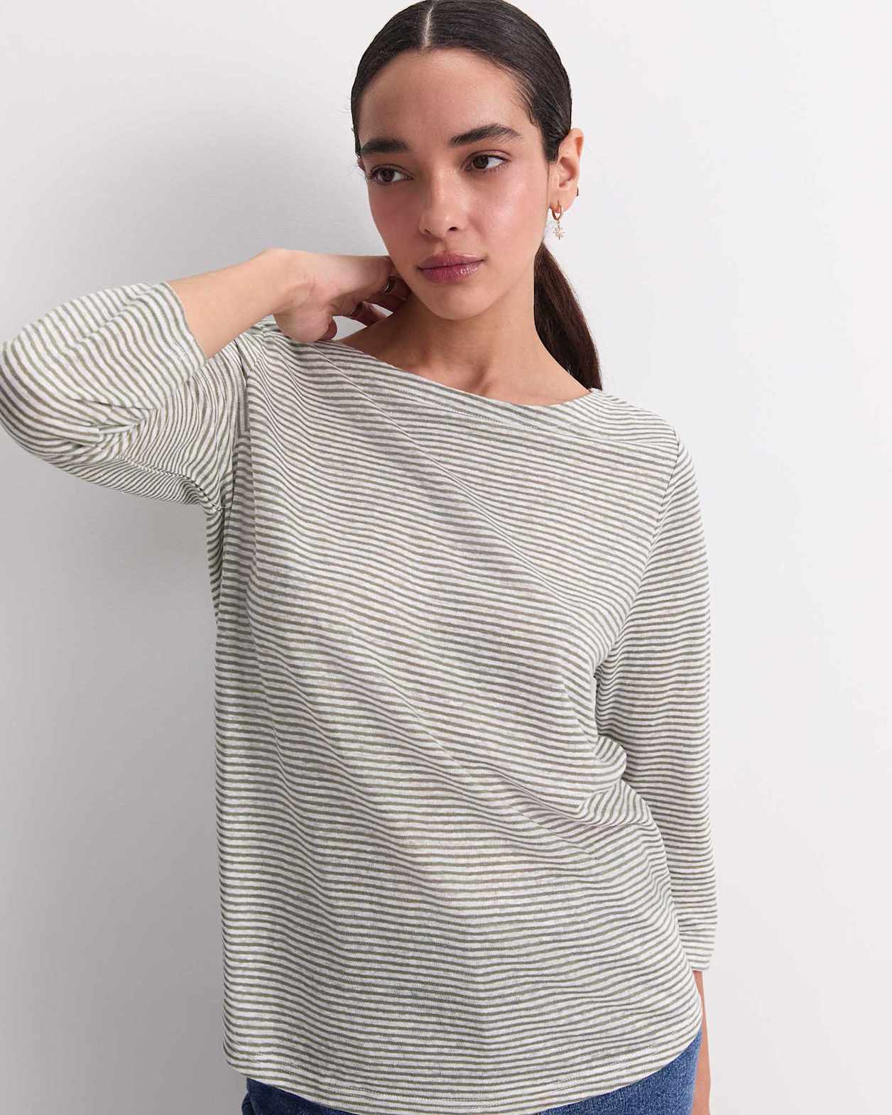 Cecile Linen Top in KHAKI/WHITE