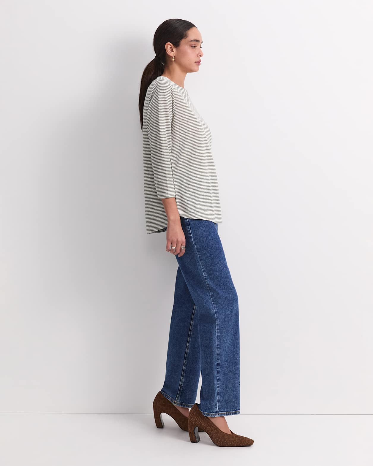 Cecile Linen Top in KHAKI/WHITE