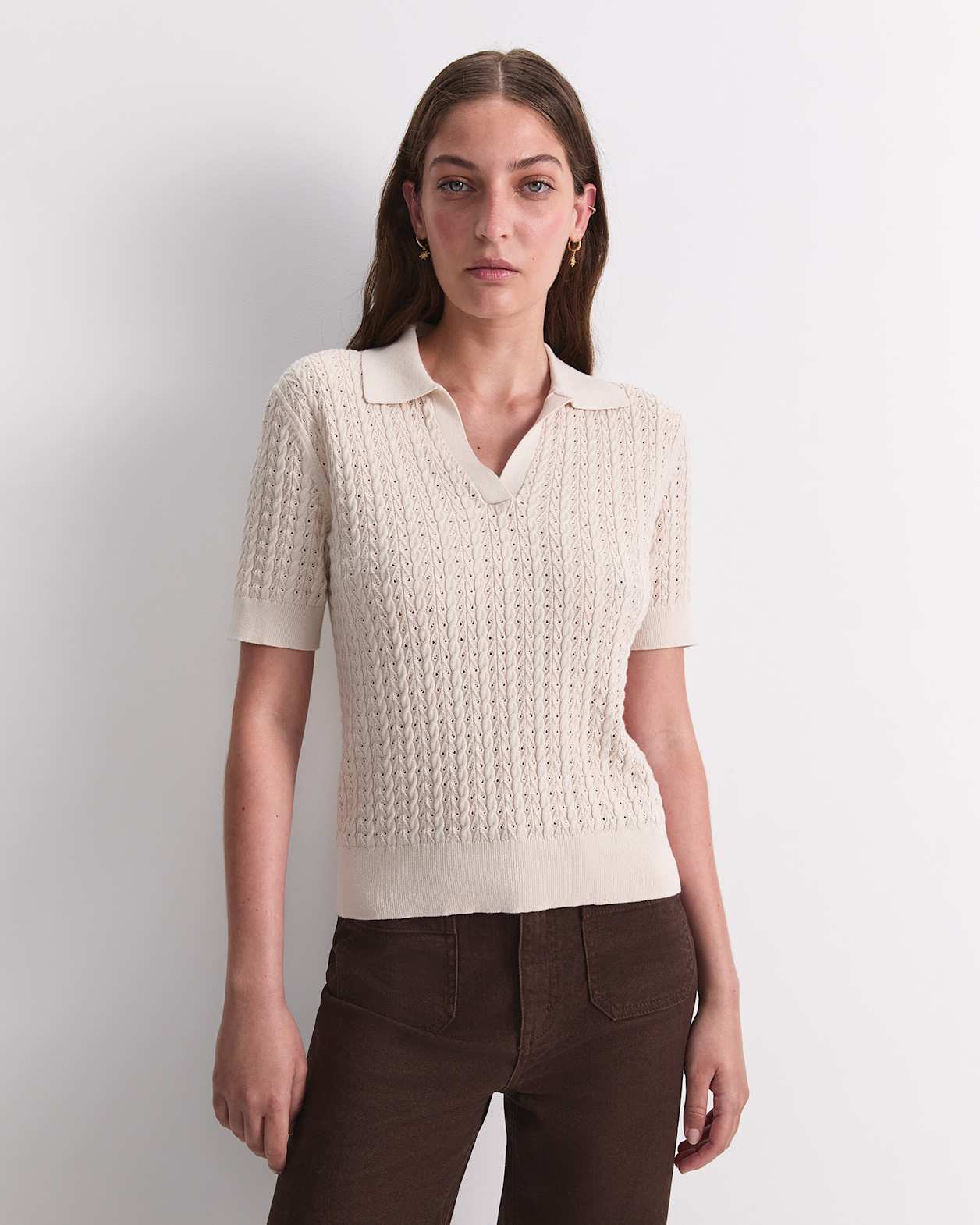 Elka Pointelle Polo Knit in STRING