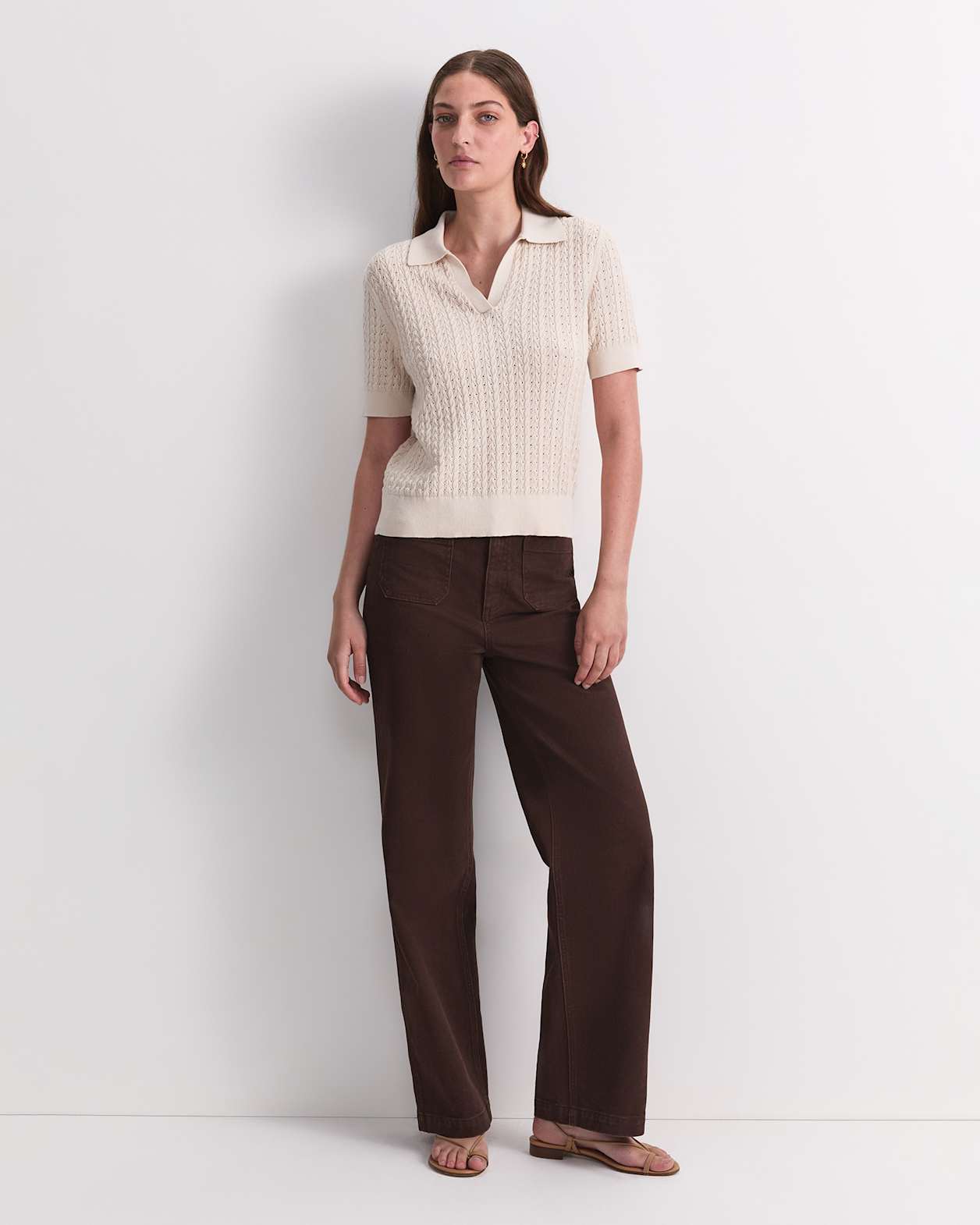 Elka Pointelle Polo Knit in STRING