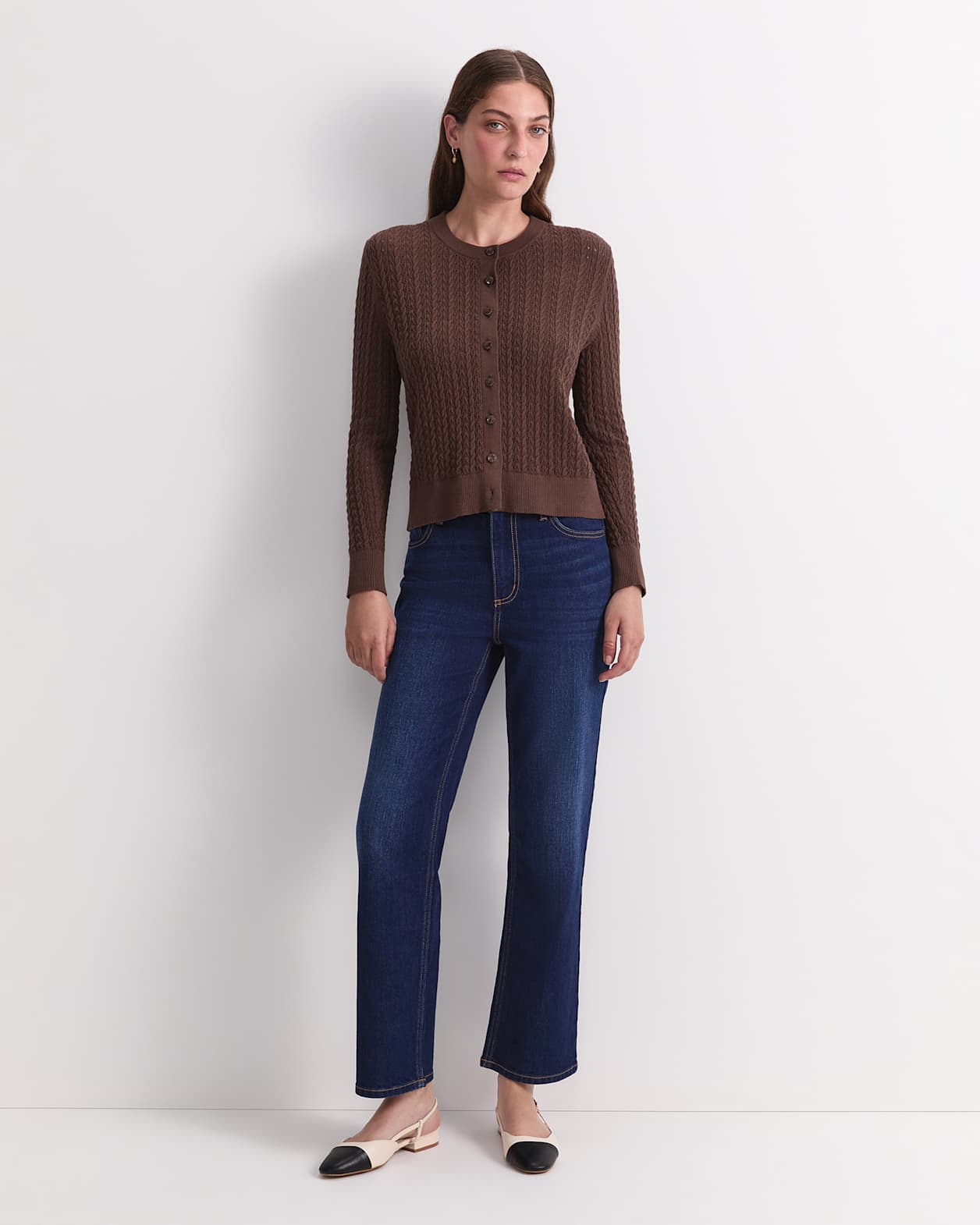 Elka Pointelle Cardigan in CHOCOLATE