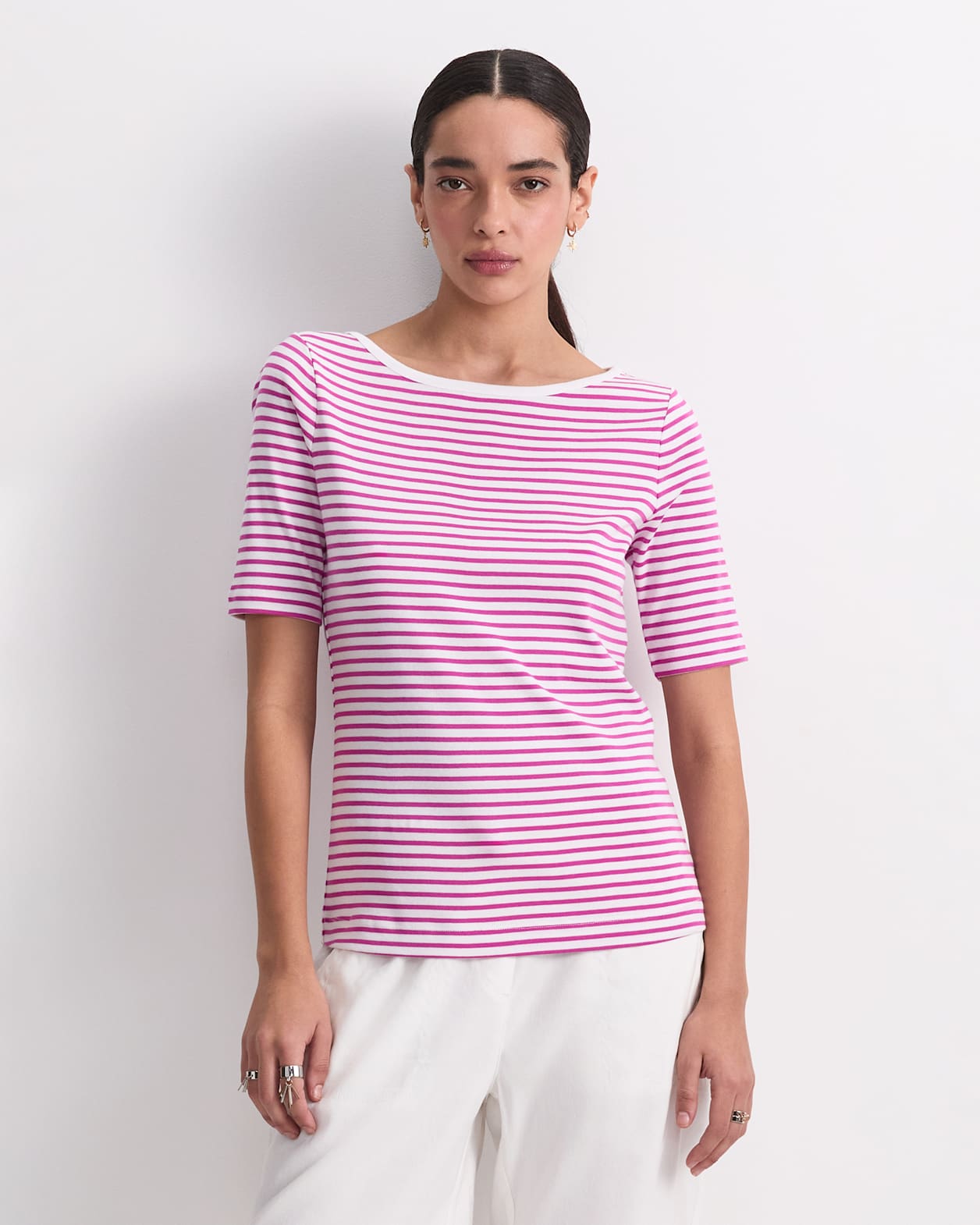 Heidi Boat Neck Half Sleeve Tee in WHITE/PINK