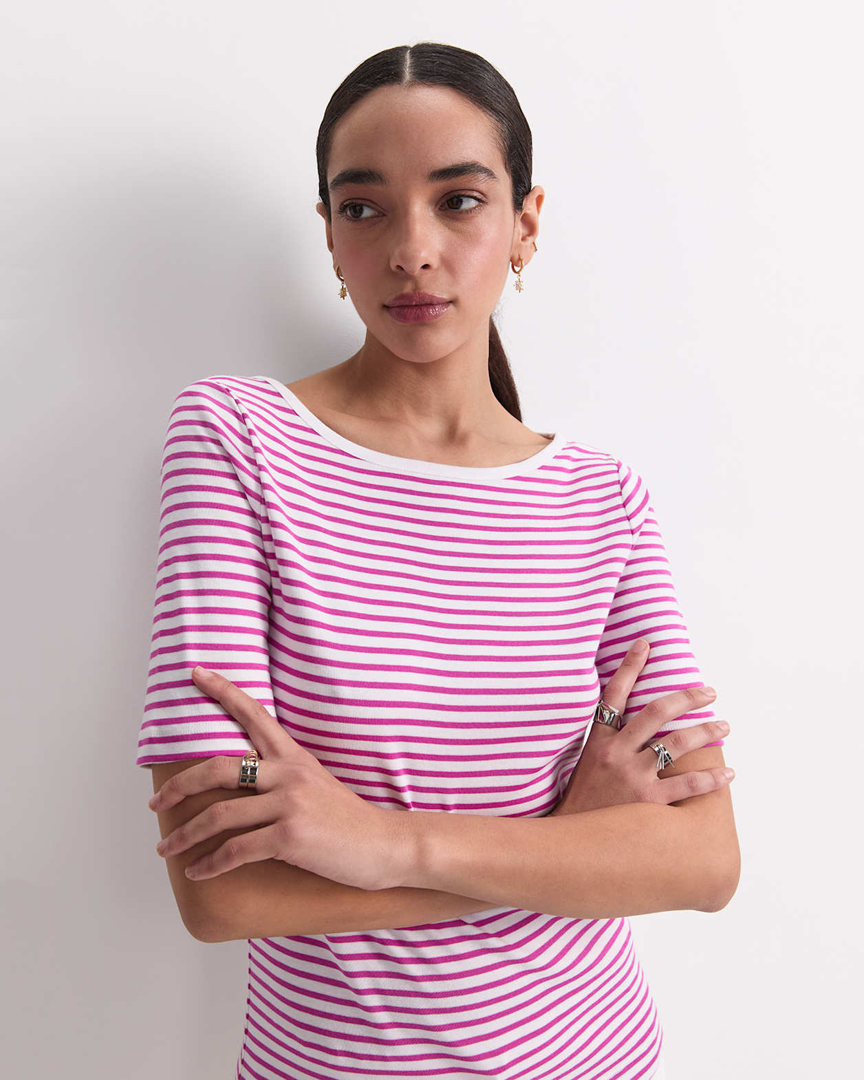 Heidi Boat Neck Half Sleeve Tee in WHITE/PINK