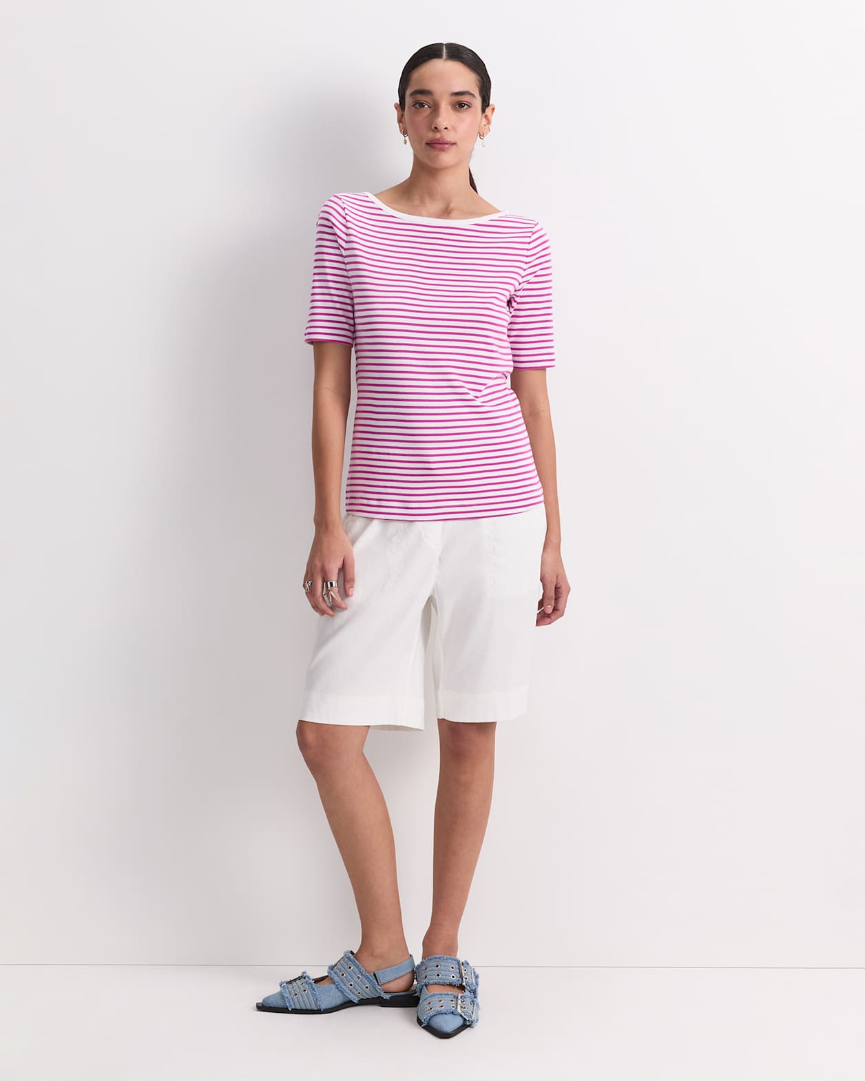 Heidi Boat Neck Half Sleeve Tee in WHITE/PINK