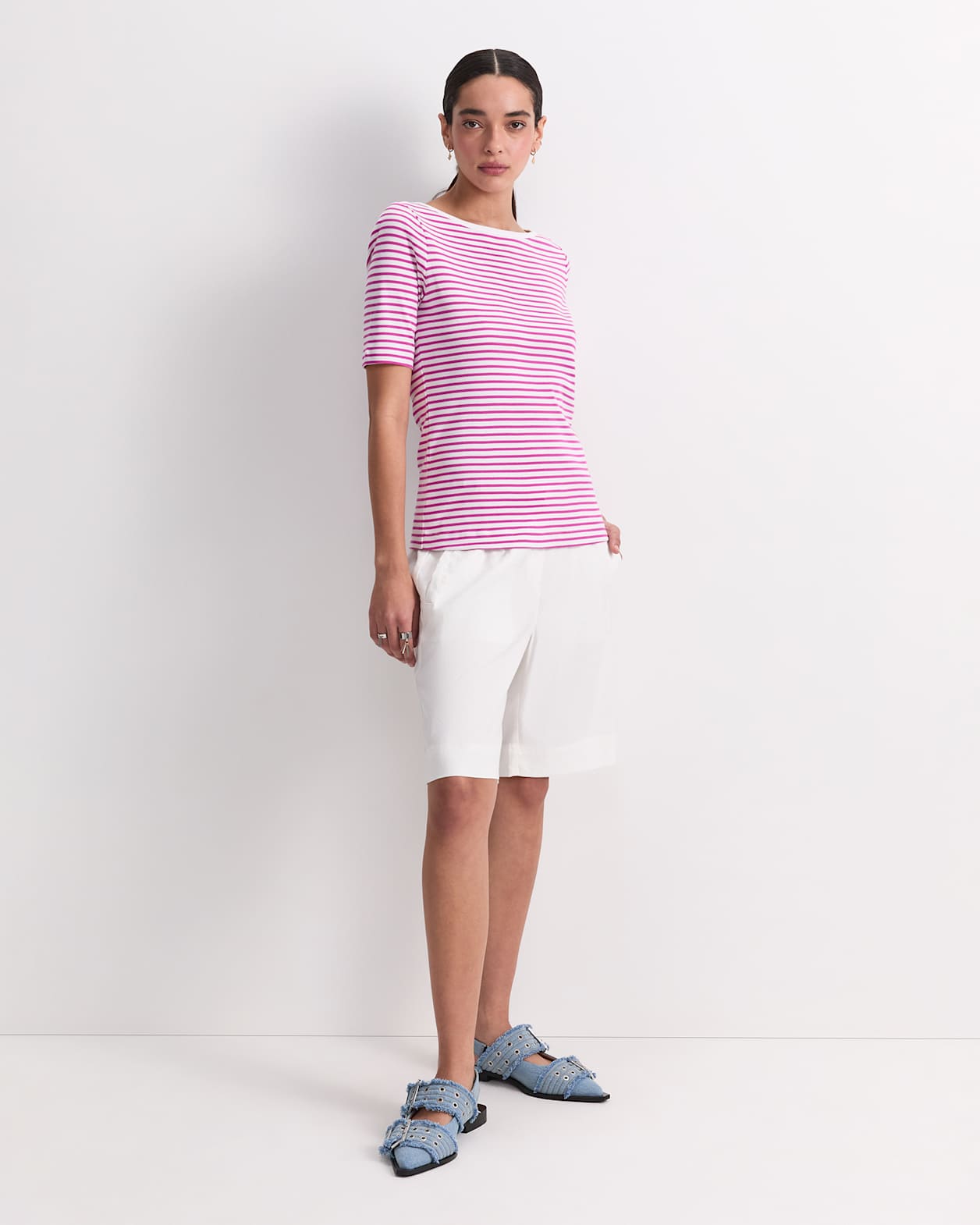 Heidi Boat Neck Half Sleeve Tee in WHITE/PINK