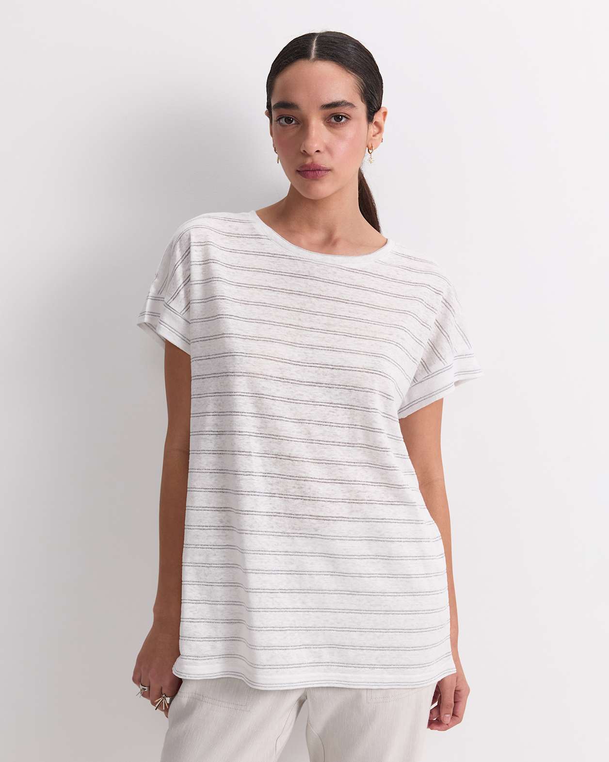 Tonia Foil Linen Tee in WHITE/SILVER
