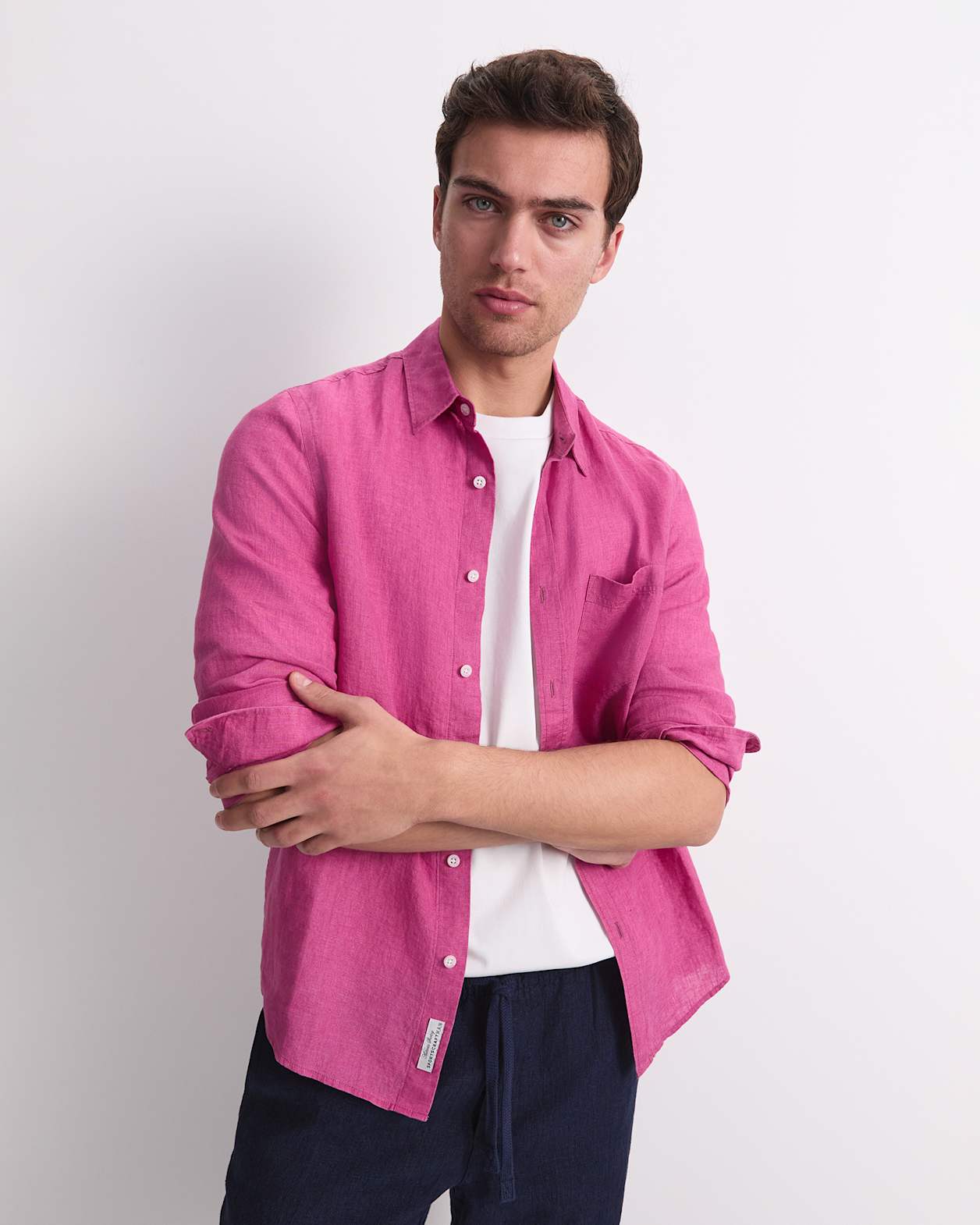 Linen Long Sleeve Delave Shirt in MAGENTA