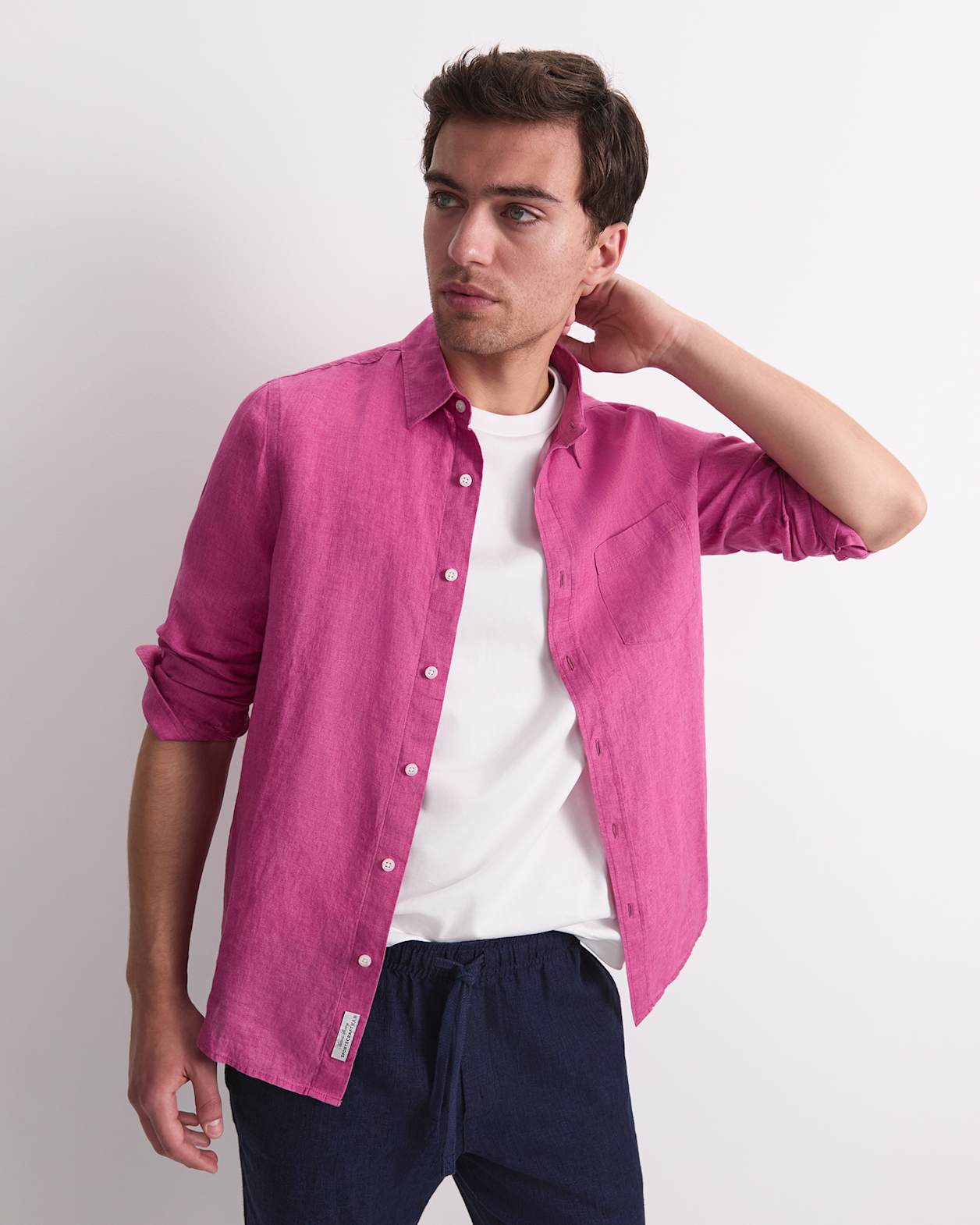 Linen Long Sleeve Delave Shirt in MAGENTA