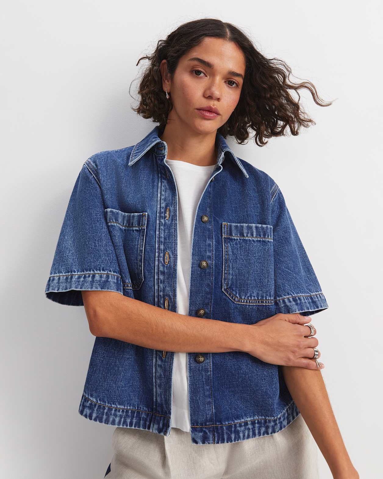 Allegra Crop Denim Shirt in MID WASH