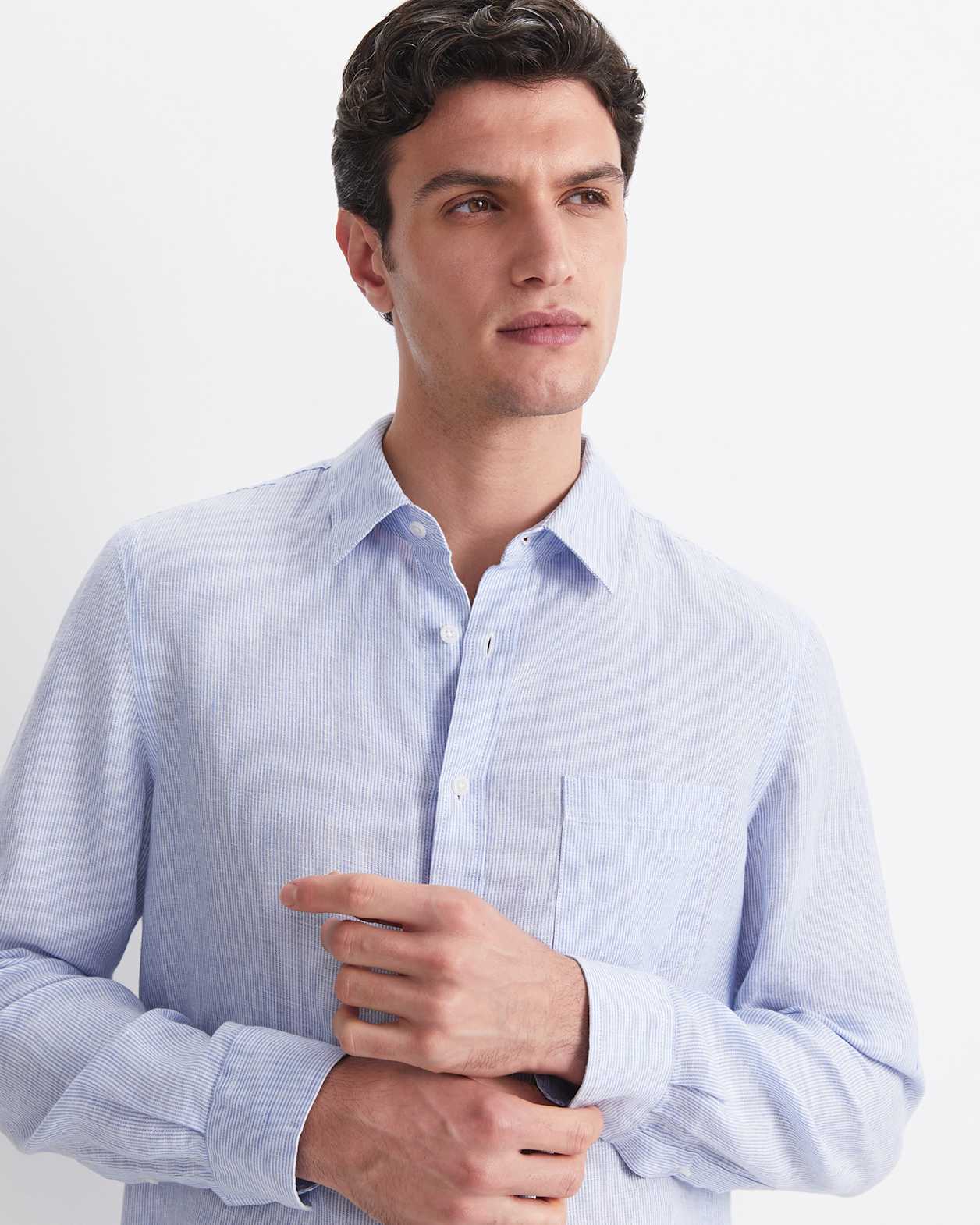 Vinnie Long Sleeve Linen Shirt in BLUE/WHITE
