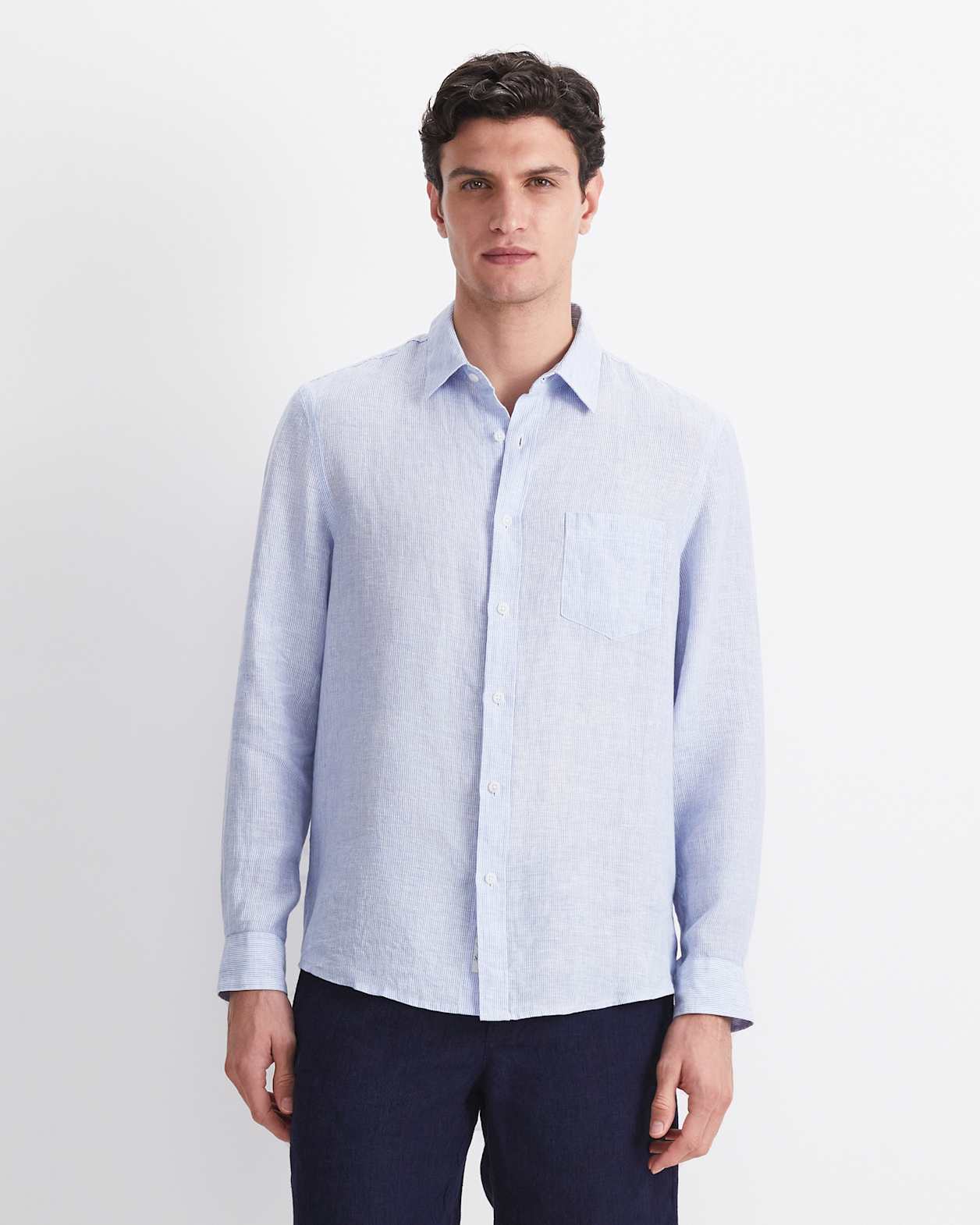 Vinnie Long Sleeve Linen Shirt in BLUE/WHITE