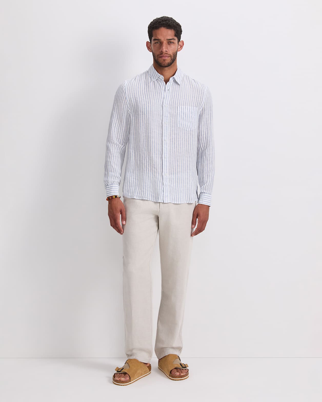 Marco Long Sleeve Linen Stripe Shirt in WHITE/BLUE