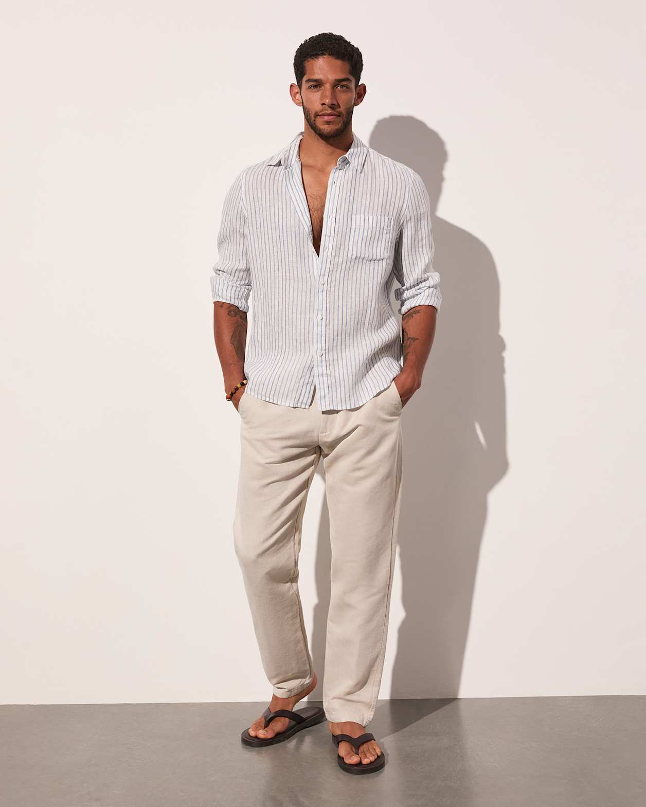 Marco Long Sleeve Linen Stripe Shirt in WHITE/BLUE