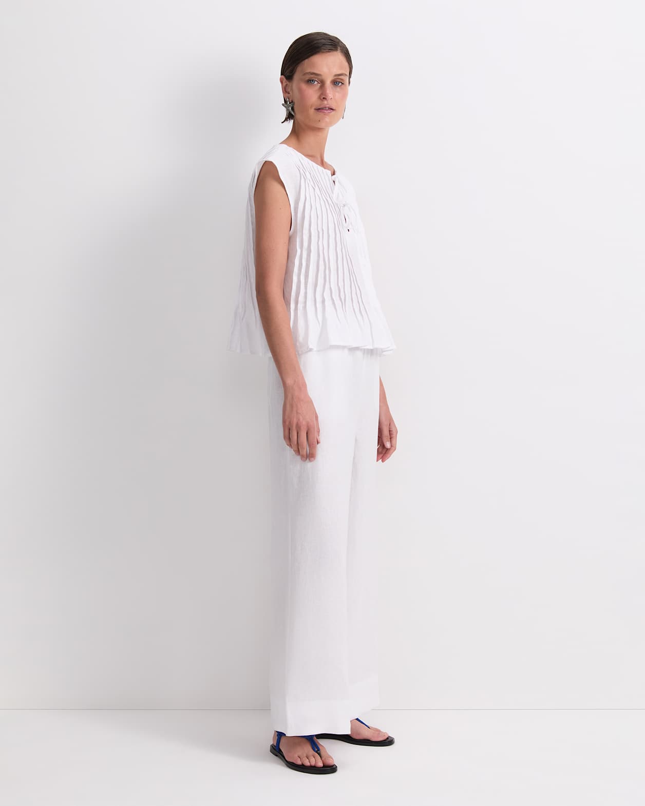 Ariana Pintuck Linen Blouse in WHITE