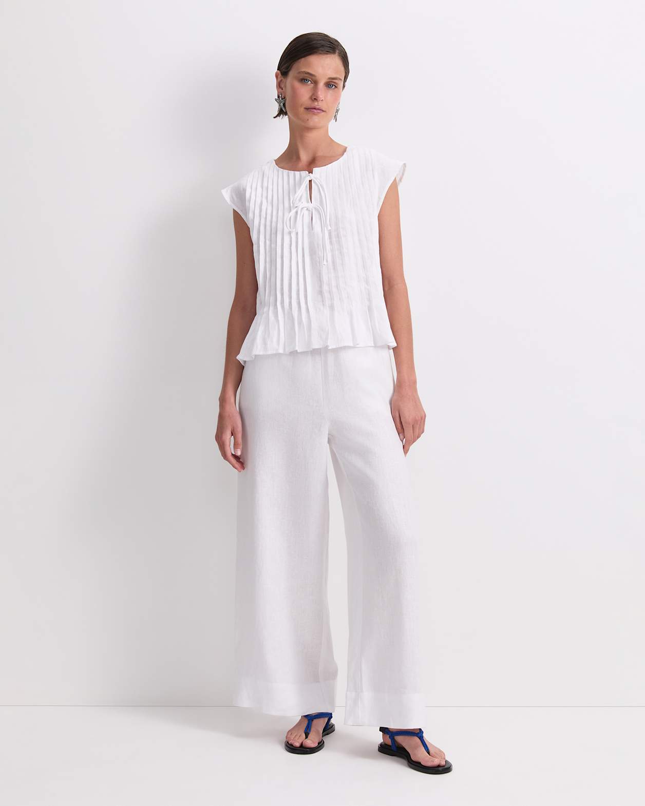 Ariana Pintuck Linen Blouse in WHITE