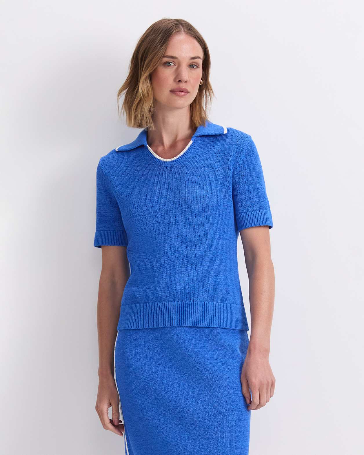 Josie Tape Yarn Knit Polo in CORNFLOWER