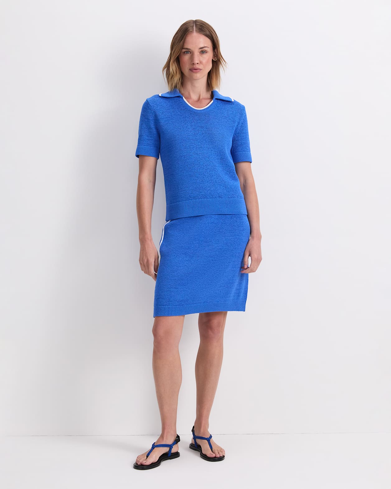 Josie Tape Yarn Knit Polo in CORNFLOWER