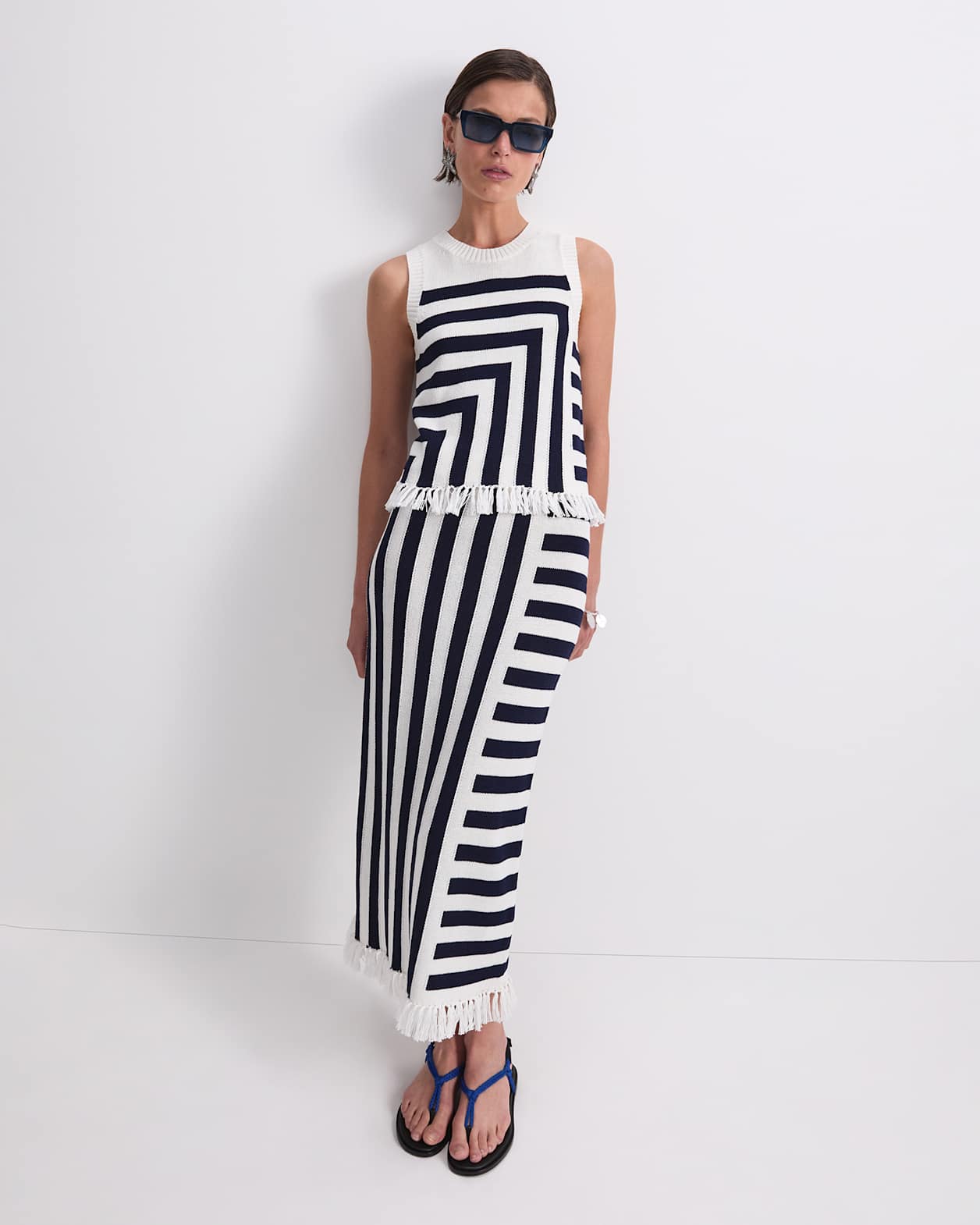 Avoca Fringe Knit Top in WHITE/NAVY